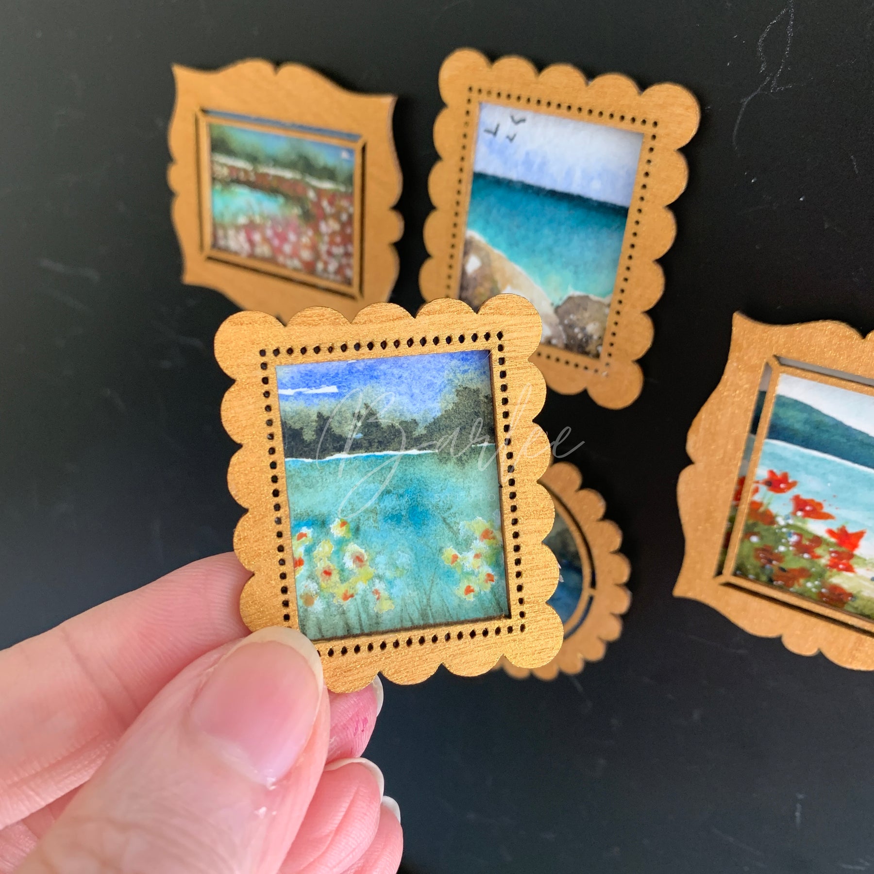 Hand Painted Fridge Magnet Set - 5 Framed Mini Paintings
