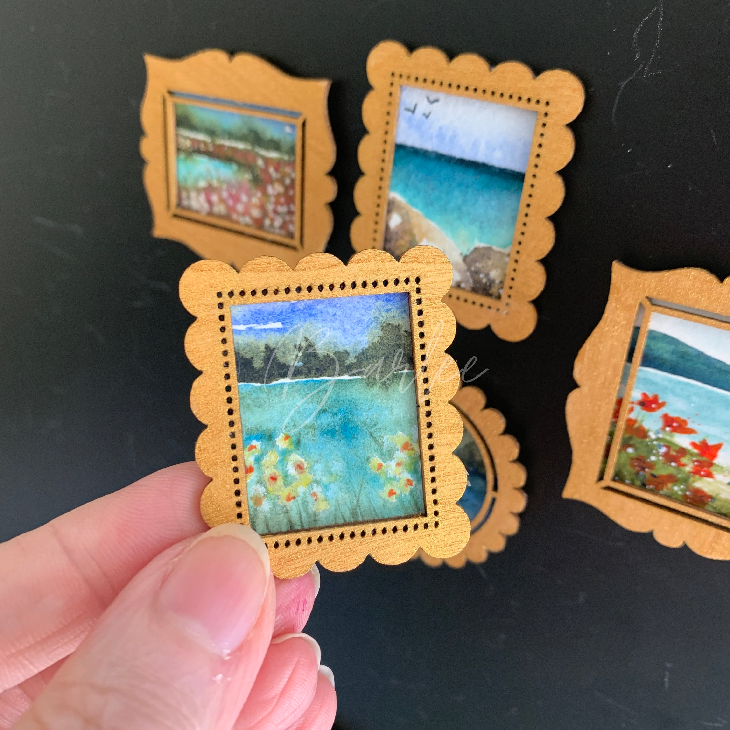 Hand Painted Fridge Magnet Set - 5 Framed Mini Paintings