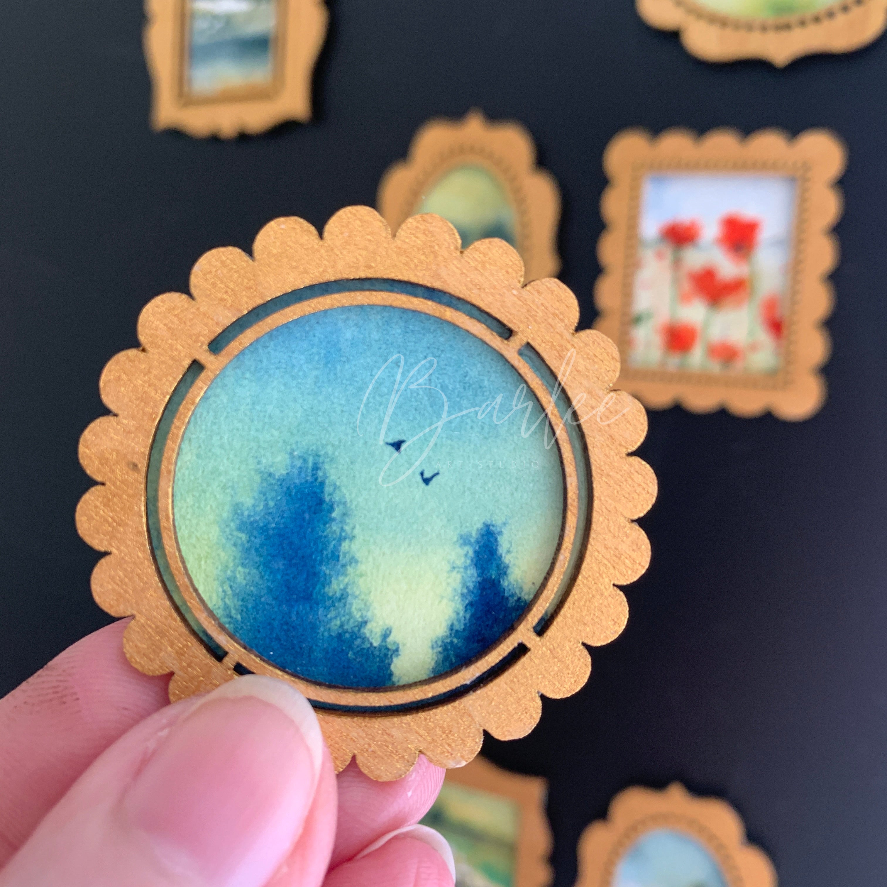 Hand Painted Fridge Magnet Set - 5 Framed Mini Paintings