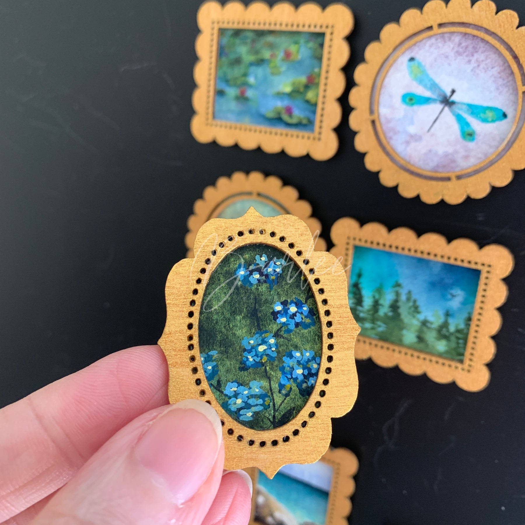 Hand Painted Fridge Magnet Set - 5 Framed Mini Paintings