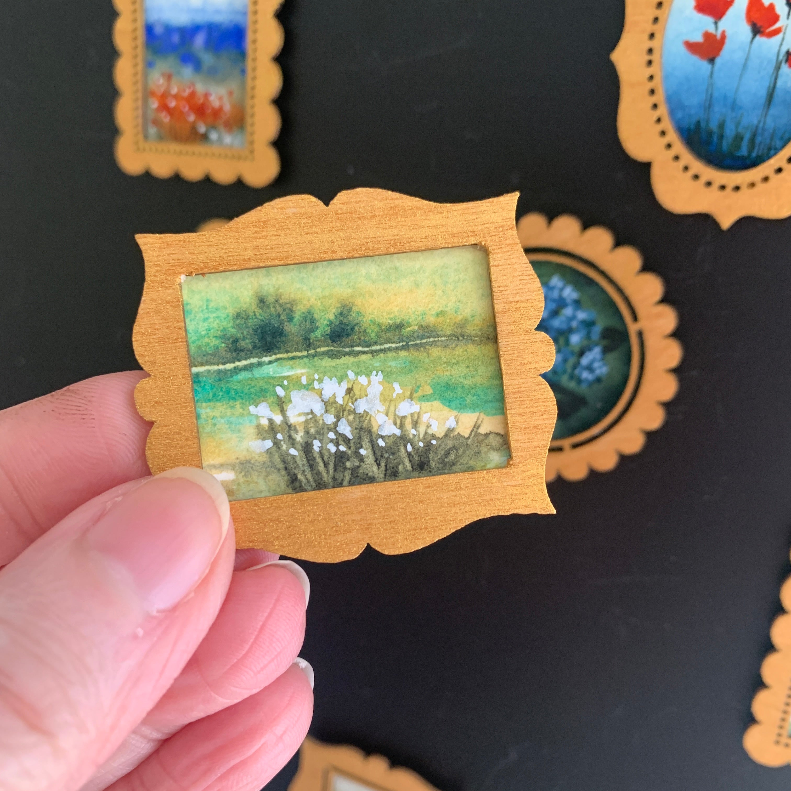 Hand Painted Fridge Magnet Set - 5 Framed Mini Paintings