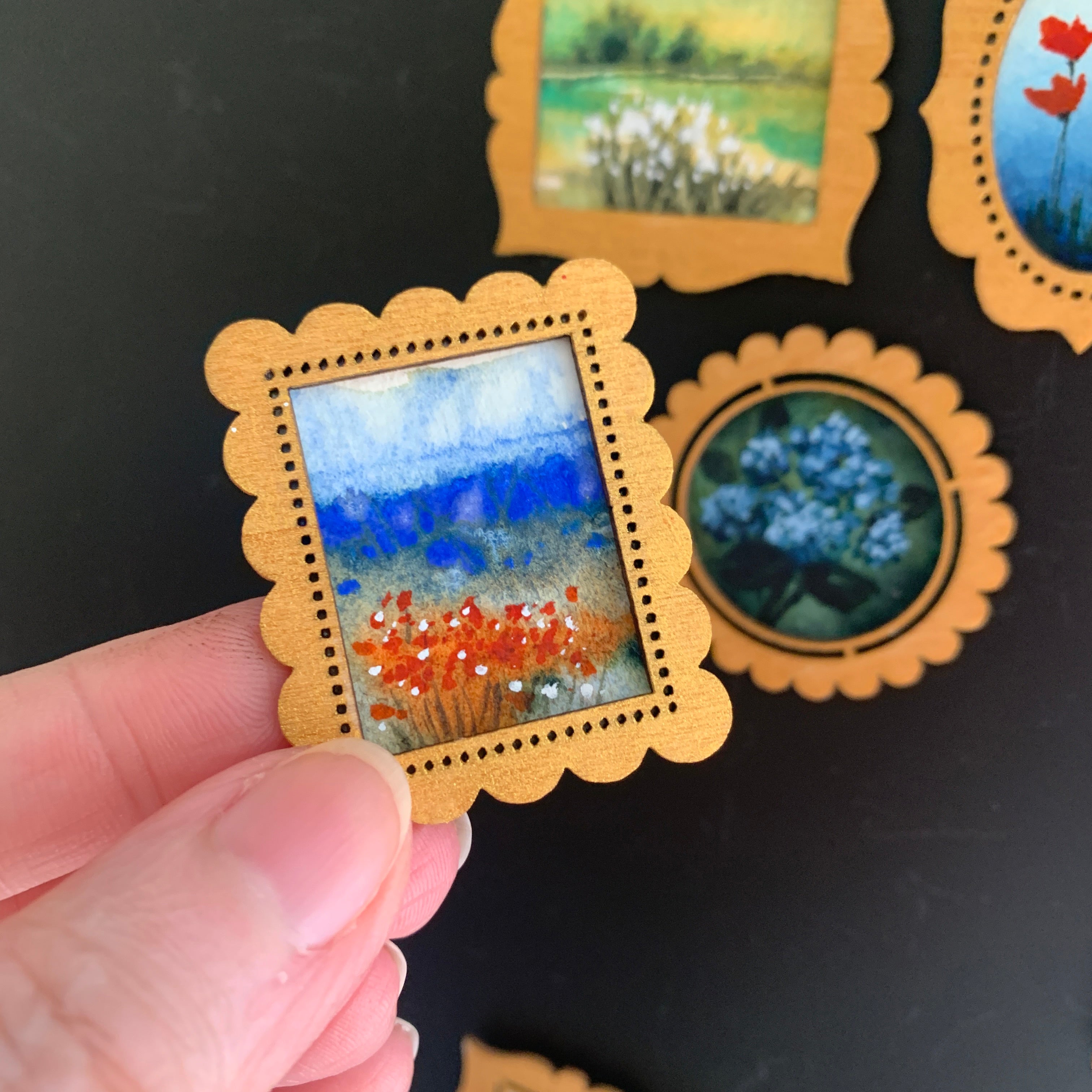 Hand Painted Fridge Magnet Set - 5 Framed Mini Paintings