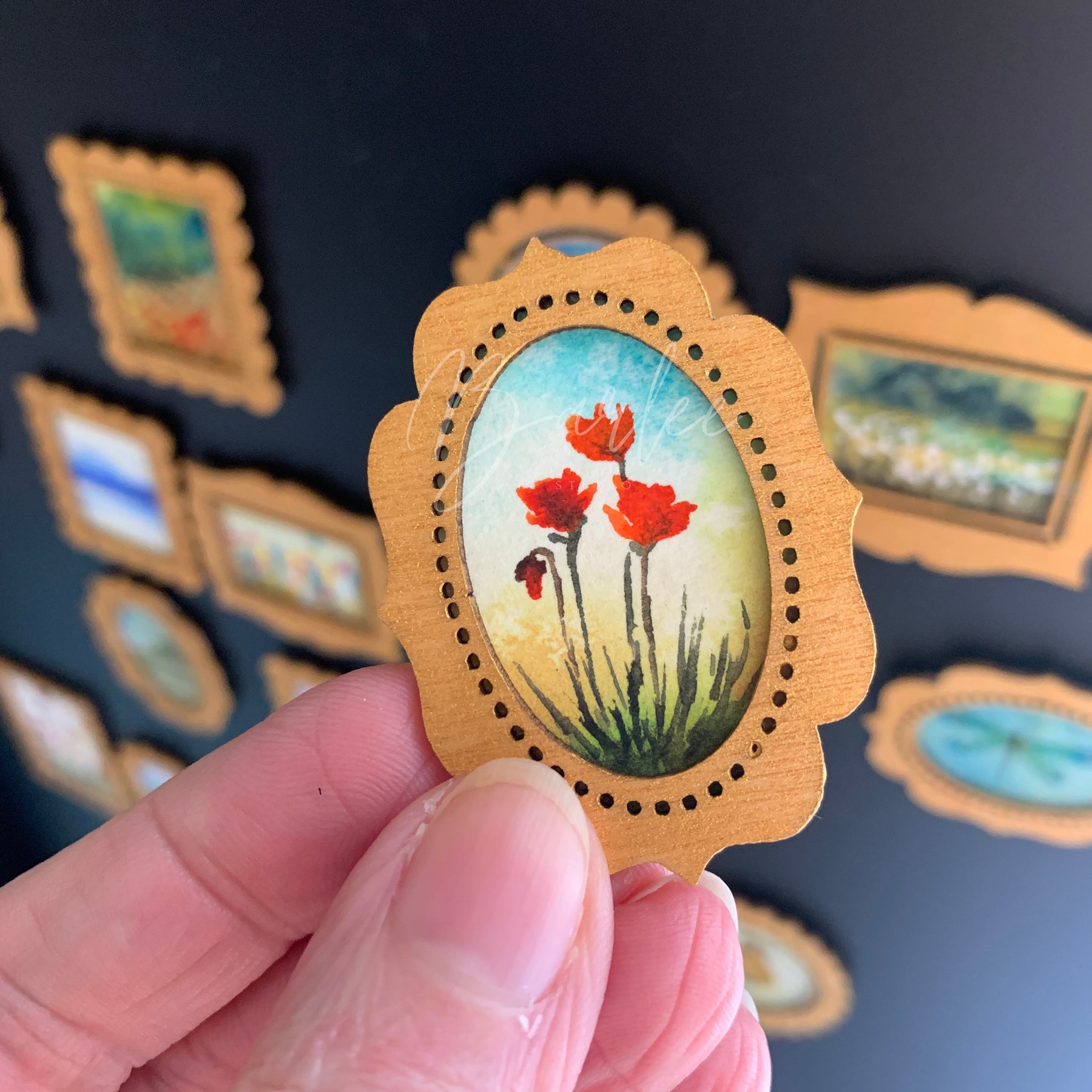 Hand Painted Fridge Magnet Set - 5 Framed Mini Paintings