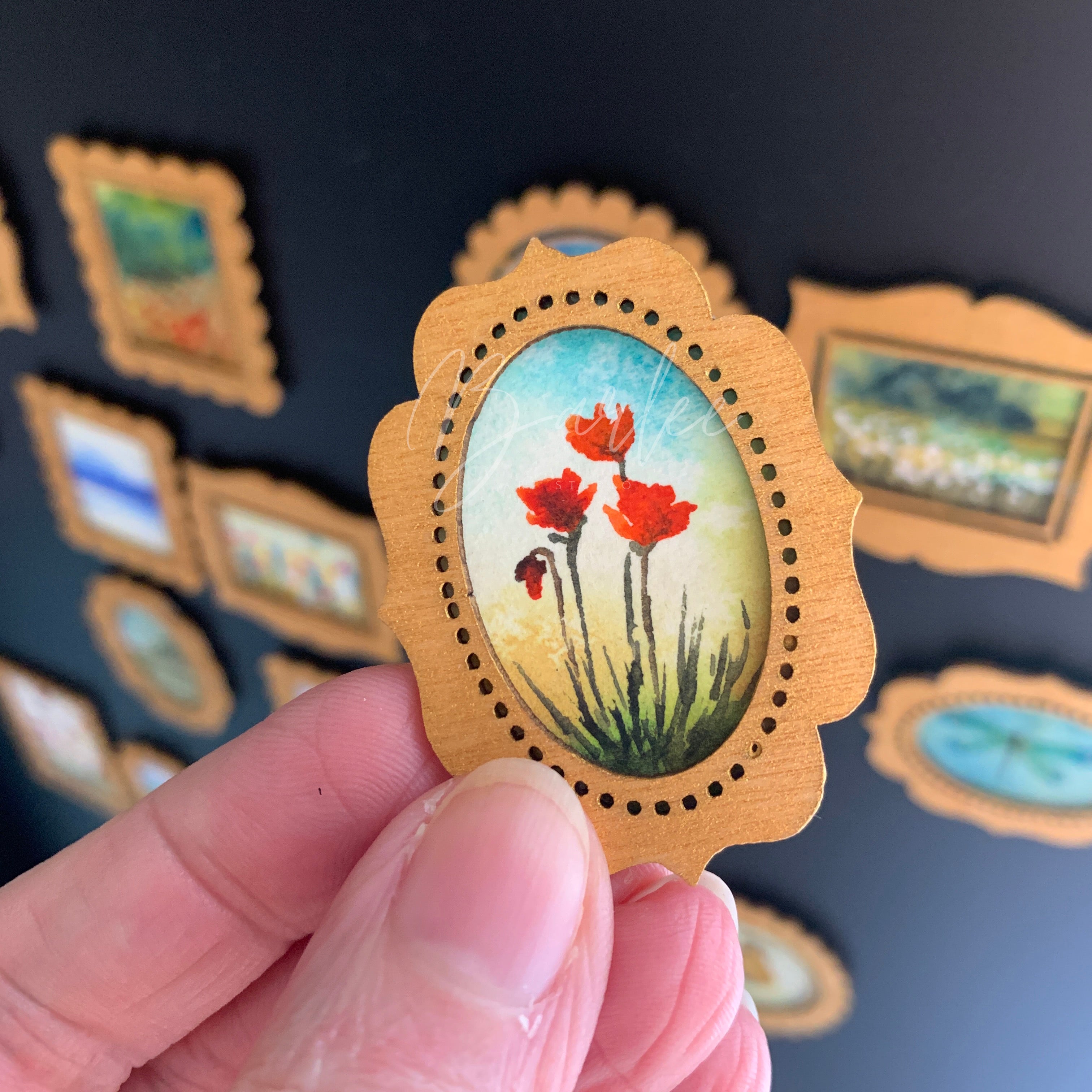 Hand Painted Fridge Magnet Set - 5 Framed Mini Paintings