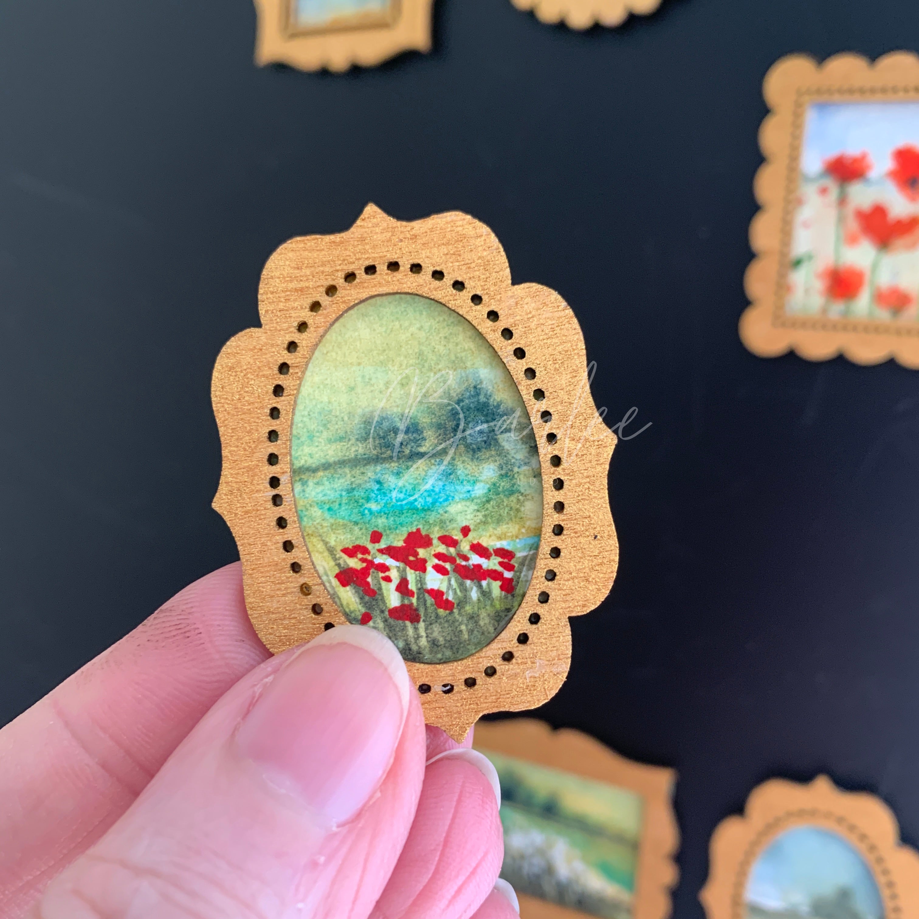 Hand Painted Fridge Magnet Set - 5 Framed Mini Paintings