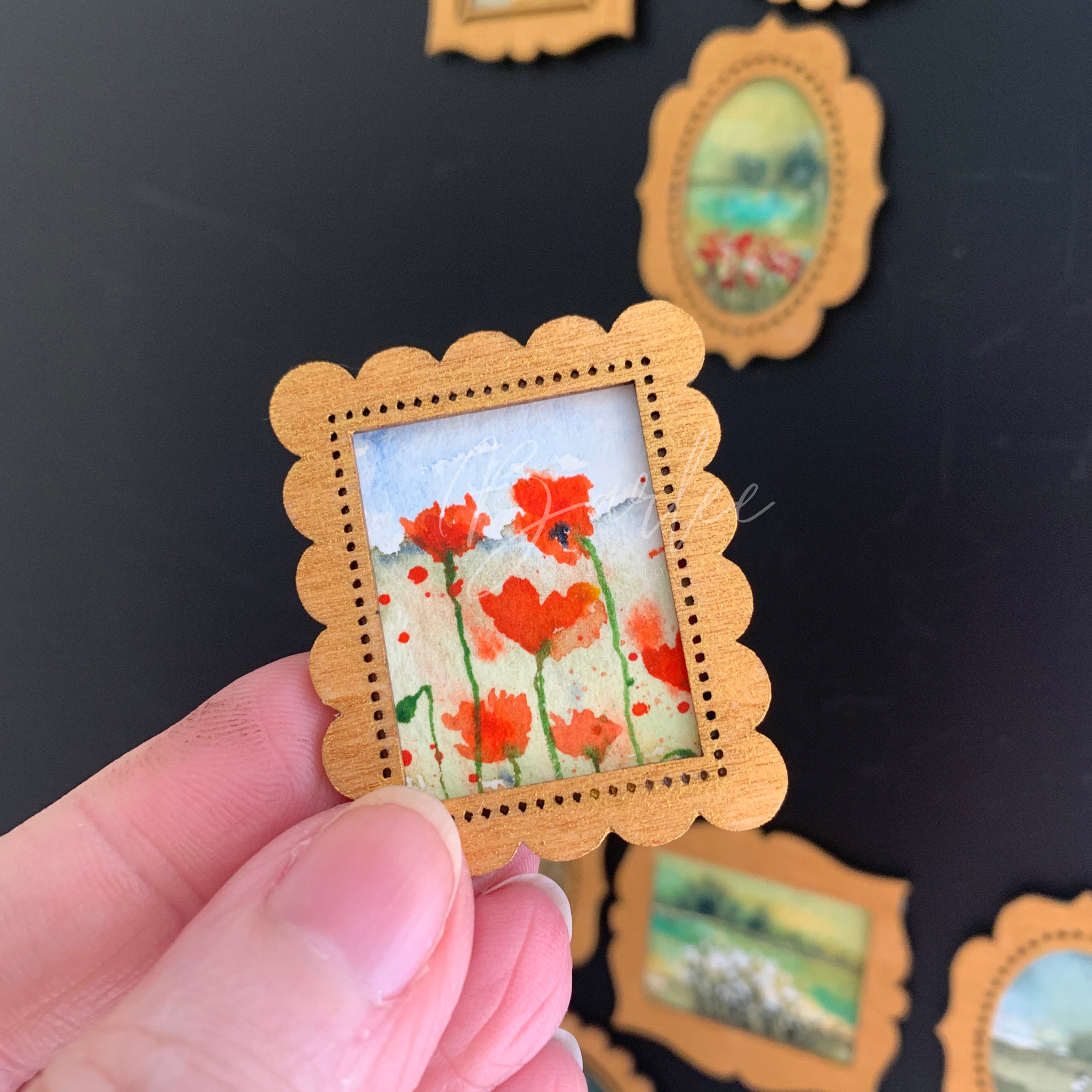 Hand Painted Fridge Magnet Set - 5 Framed Mini Paintings