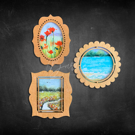Hand Painted Fridge Magnet Set - 3 Framed Mini Paintings