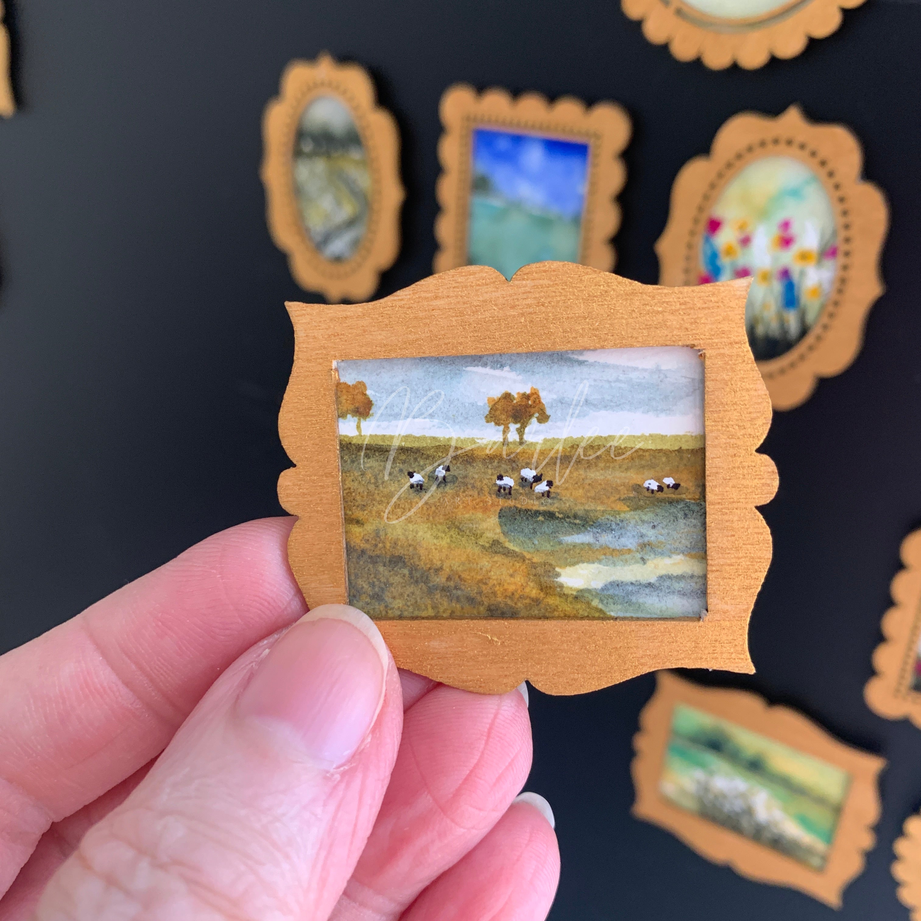 Hand Painted Fridge Magnet Set - 5 Framed Mini Paintings