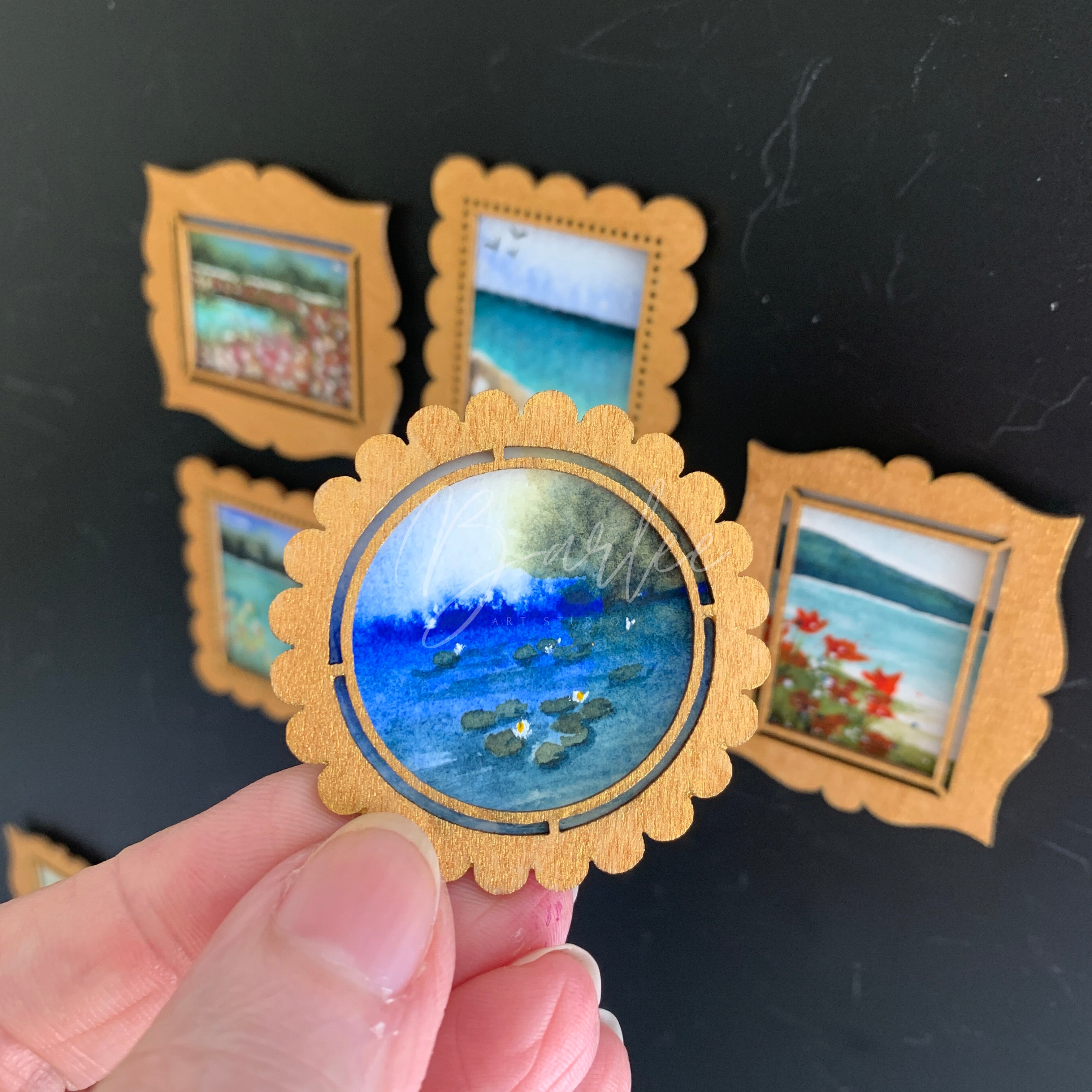 Hand Painted Fridge Magnet Set - 5 Framed Mini Paintings