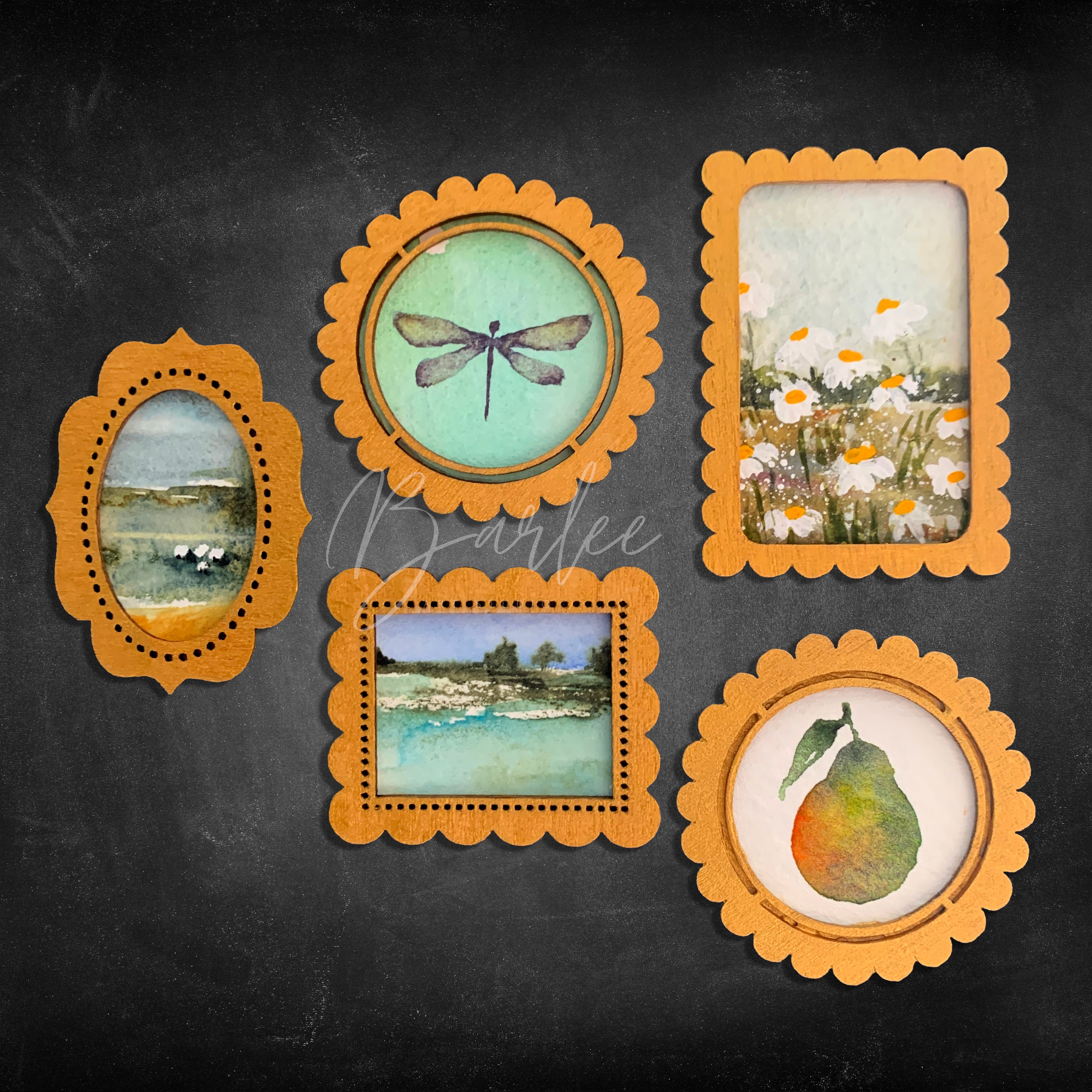 Hand Painted Fridge Magnet Set - 5 Framed Mini Paintings