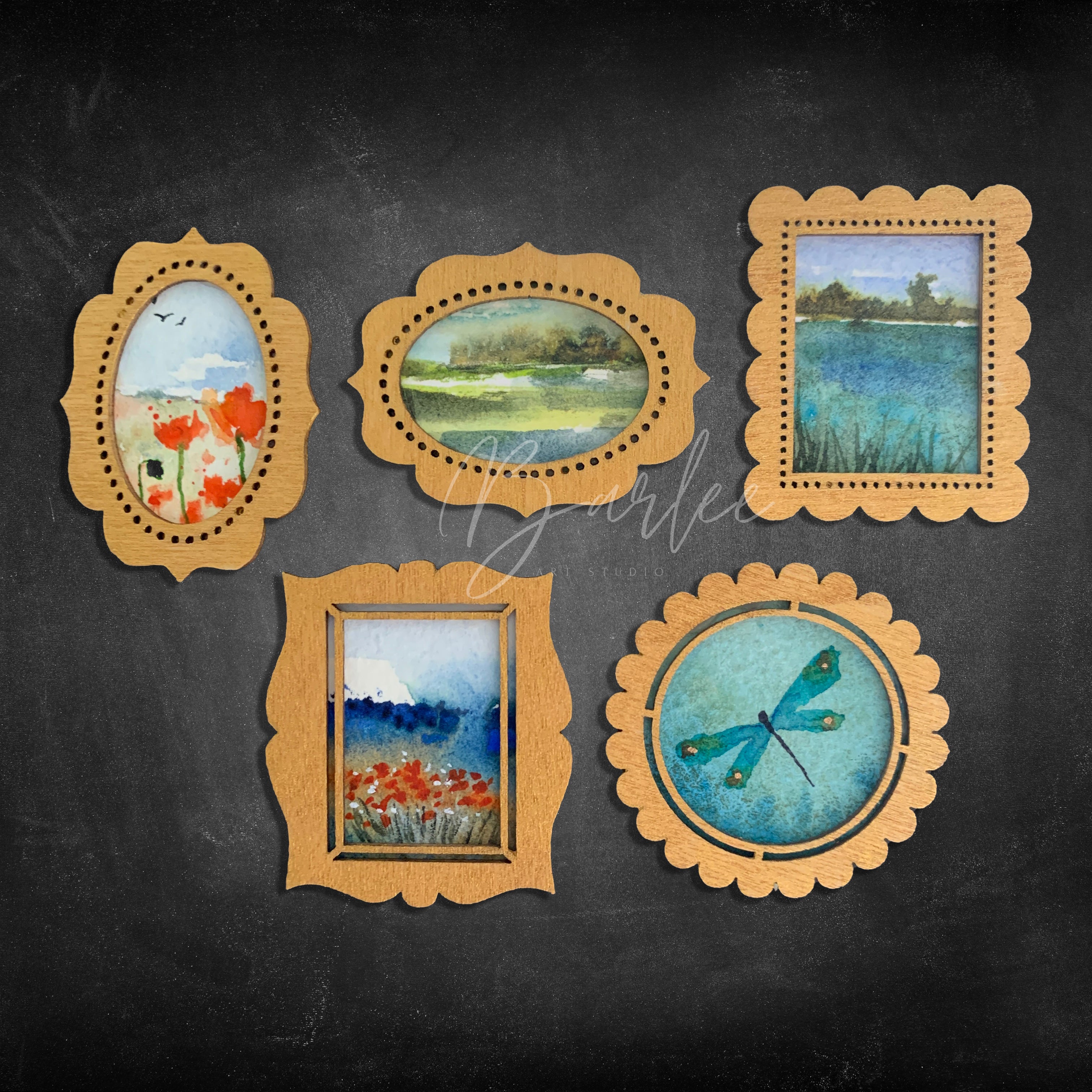 Hand Painted Fridge Magnet Set - 5 Framed Mini Paintings