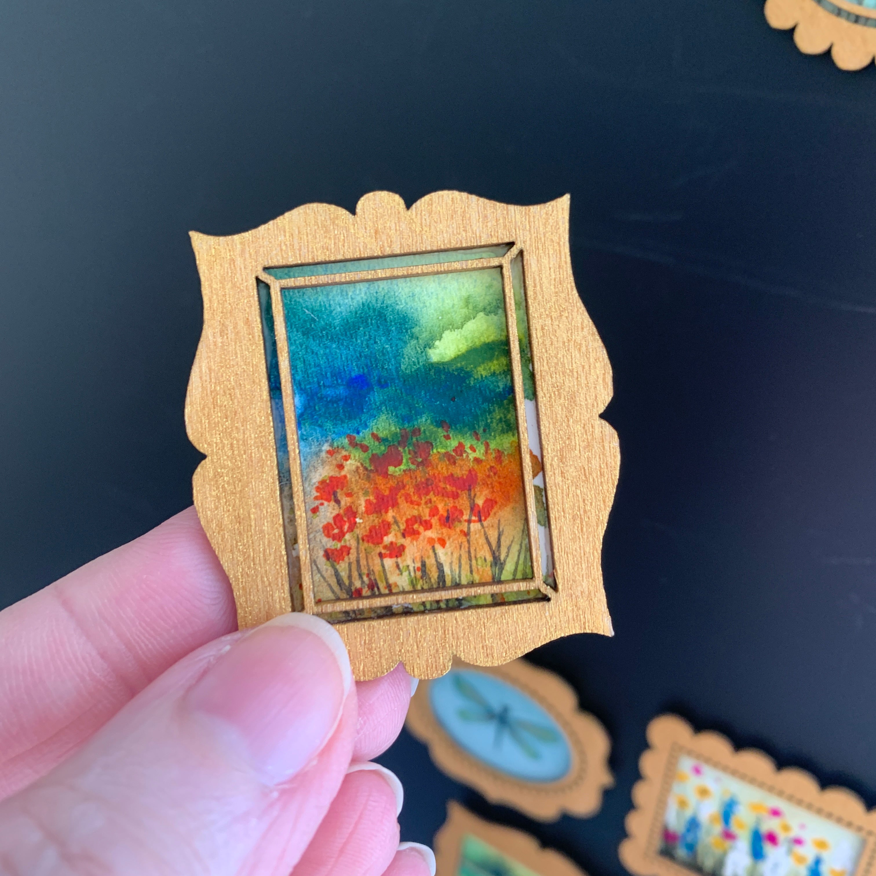 Hand Painted Fridge Magnet Set - 5 Framed Mini Paintings