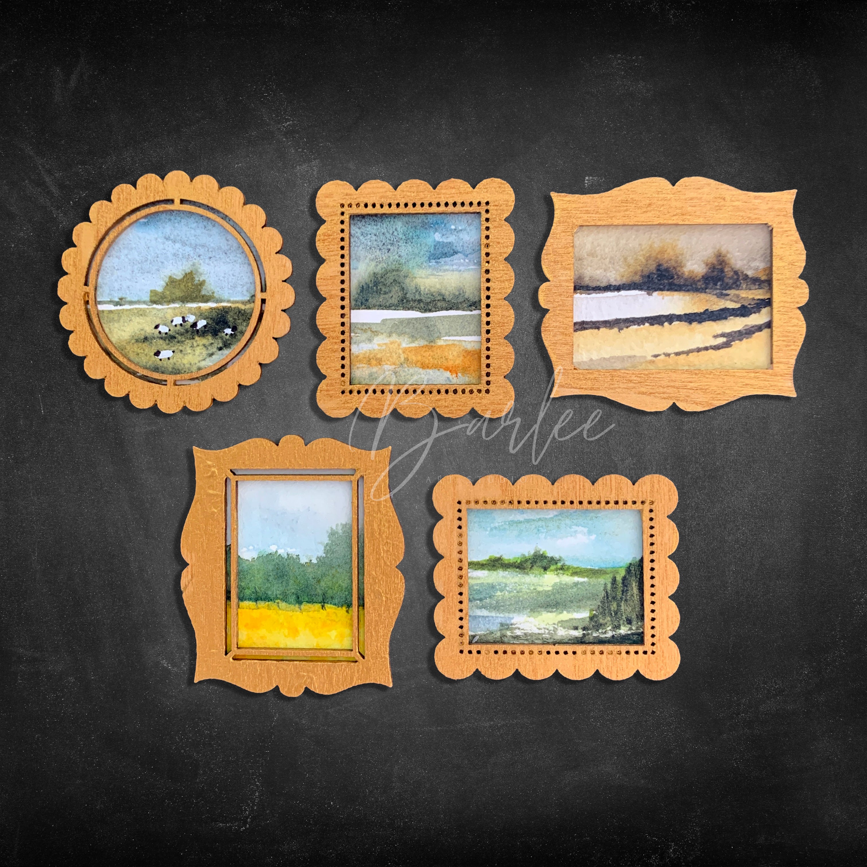 Hand Painted Fridge Magnet Set - 5 Framed Mini Paintings