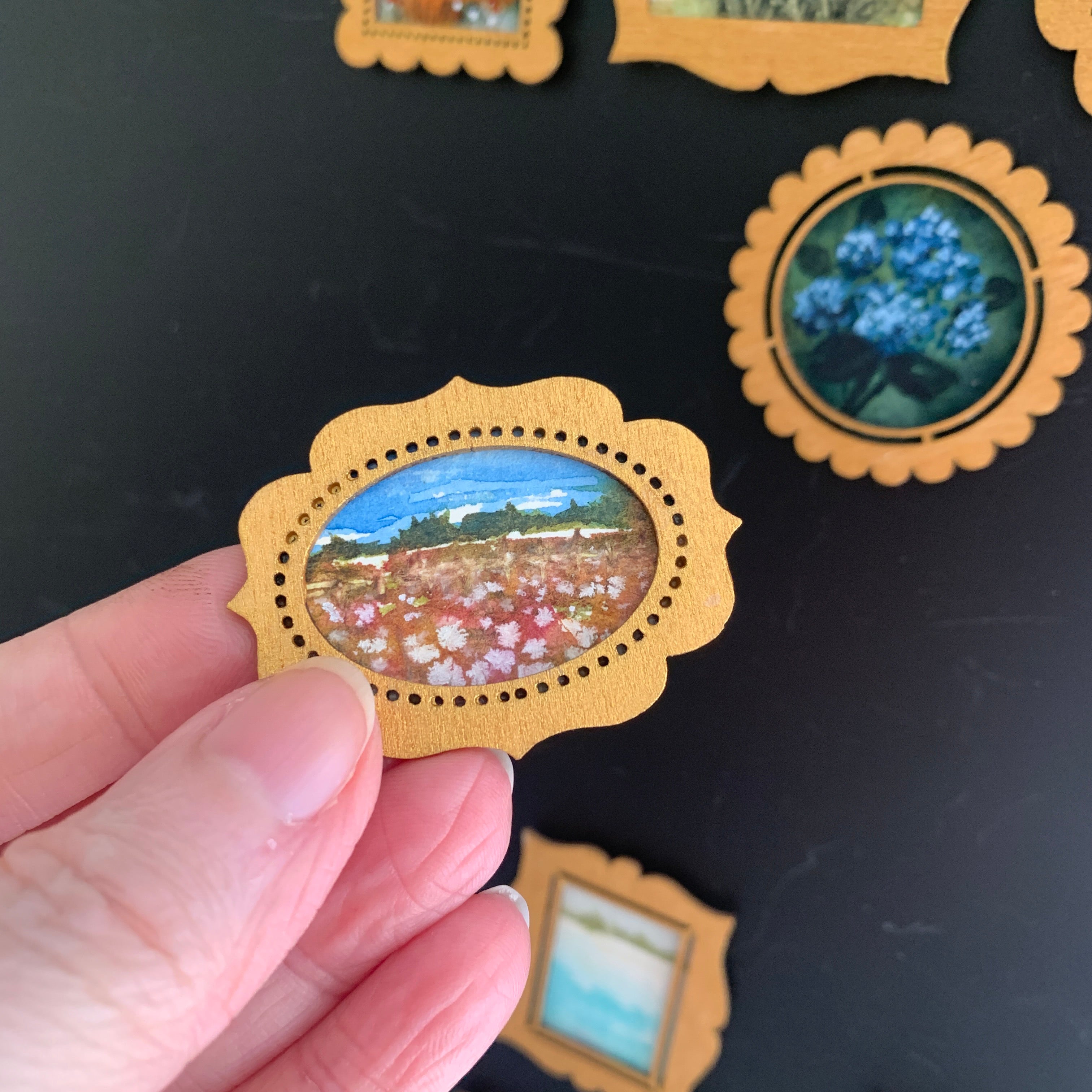 Hand Painted Fridge Magnet Set - 5 Framed Mini Paintings