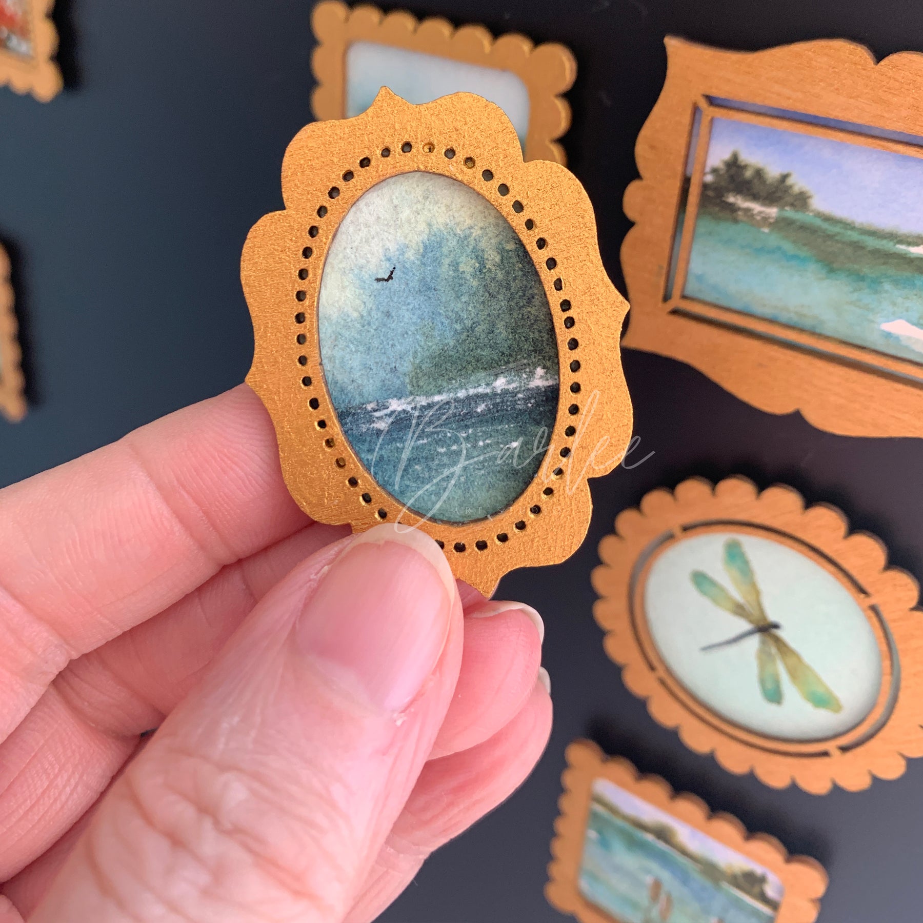 Hand Painted Fridge Magnet Set - 5 Framed Mini Paintings
