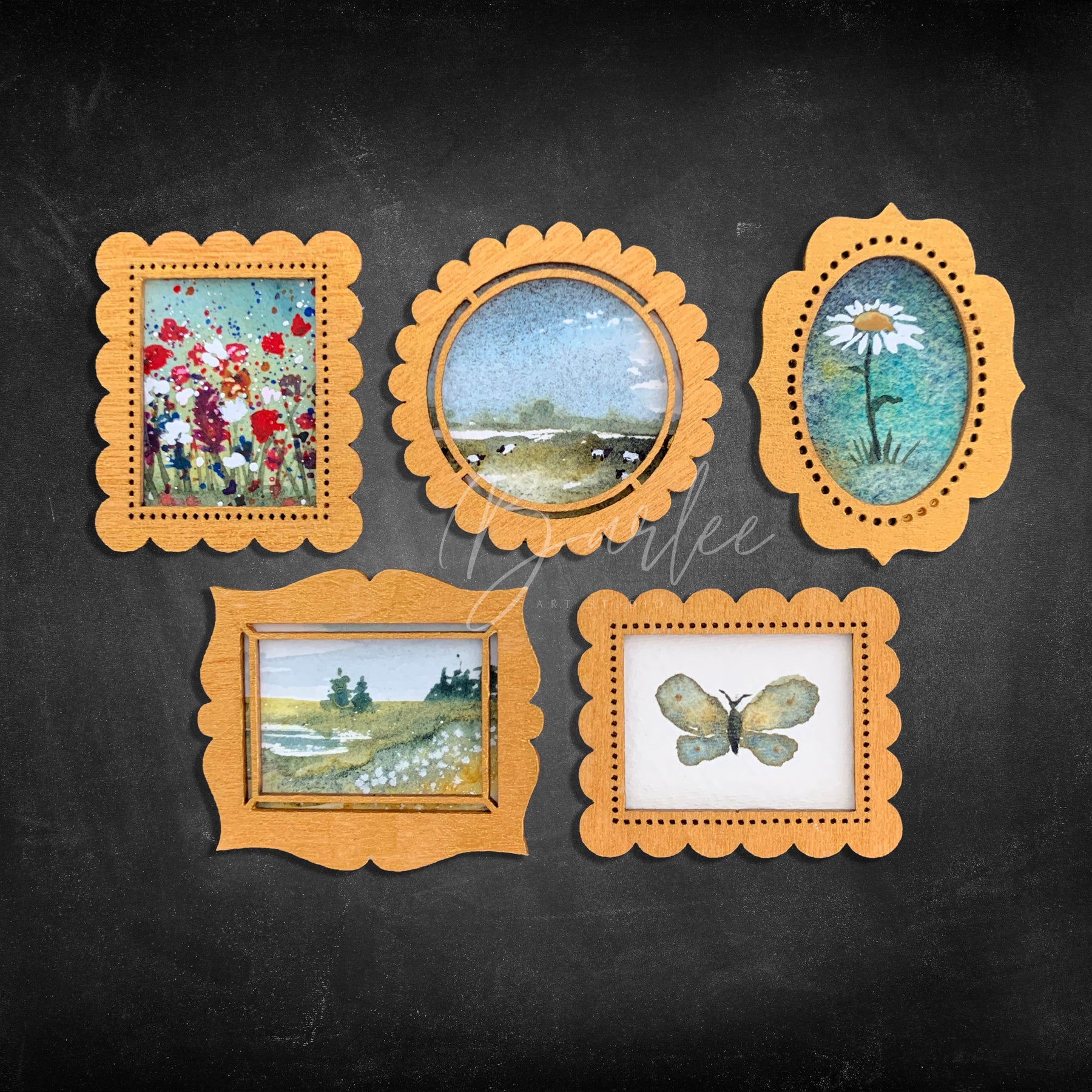 Hand Painted Fridge Magnet Set - 5 Framed Mini Paintings