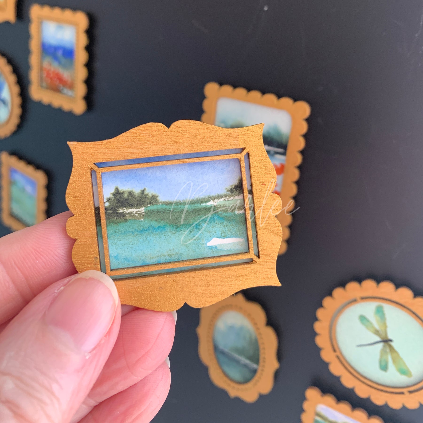 Hand Painted Fridge Magnet Set - 5 Framed Mini Paintings