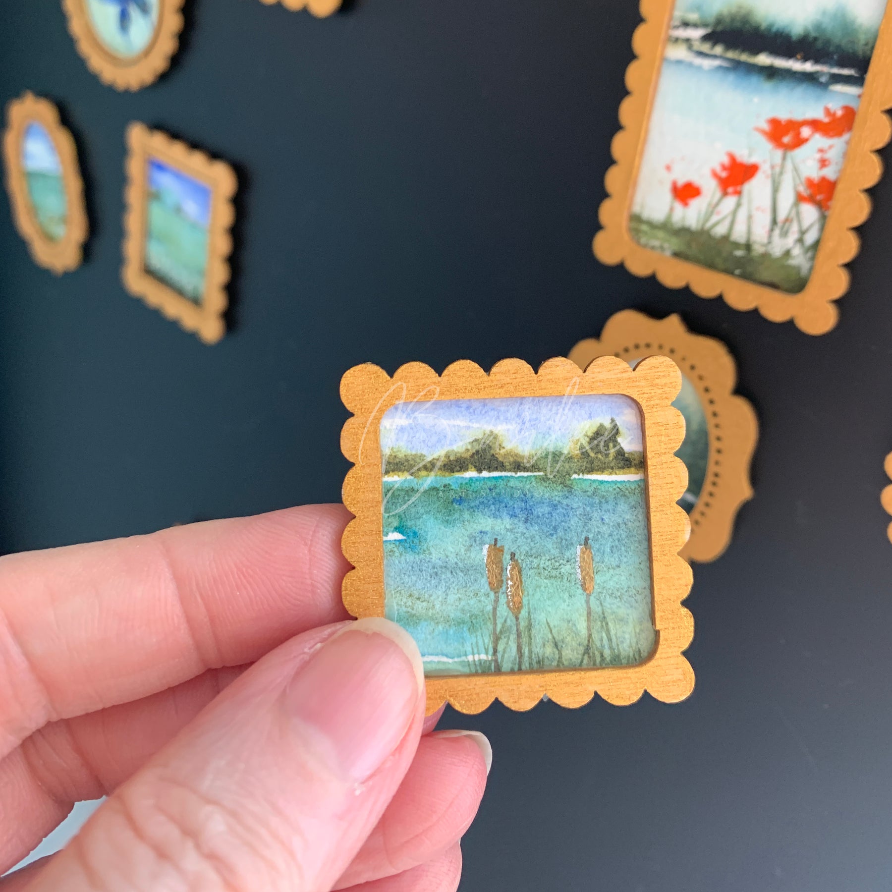 Hand Painted Fridge Magnet Set - 5 Framed Mini Paintings