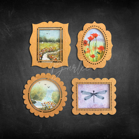 Hand Painted Fridge Magnet Set - 4 Framed Mini Paintings