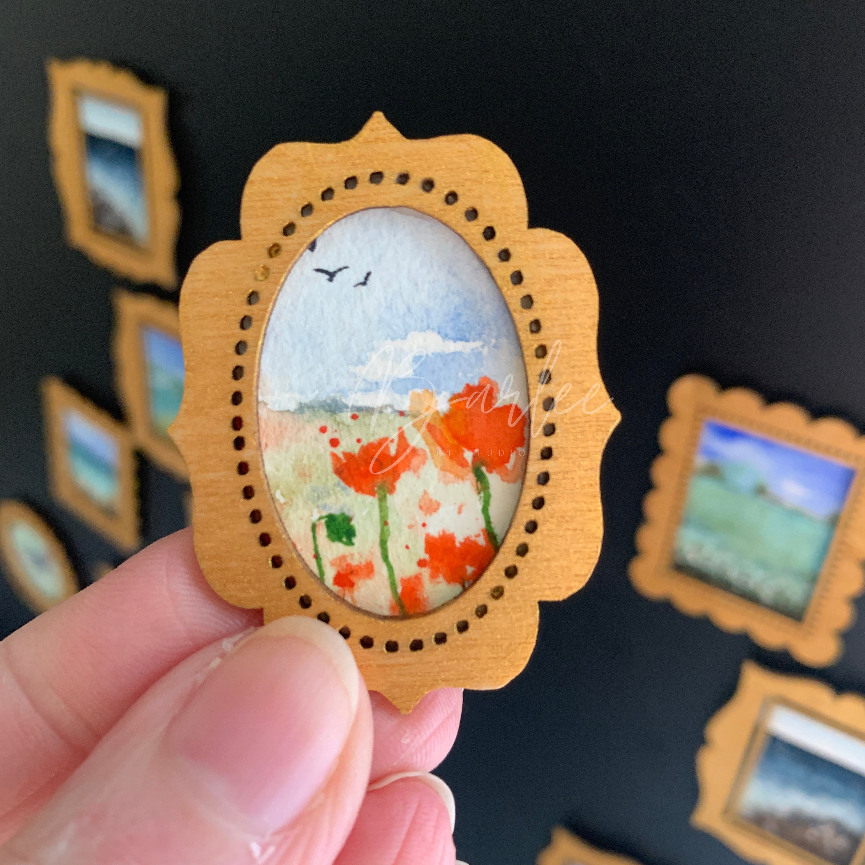 Hand Painted Fridge Magnet Set - 5 Framed Mini Paintings