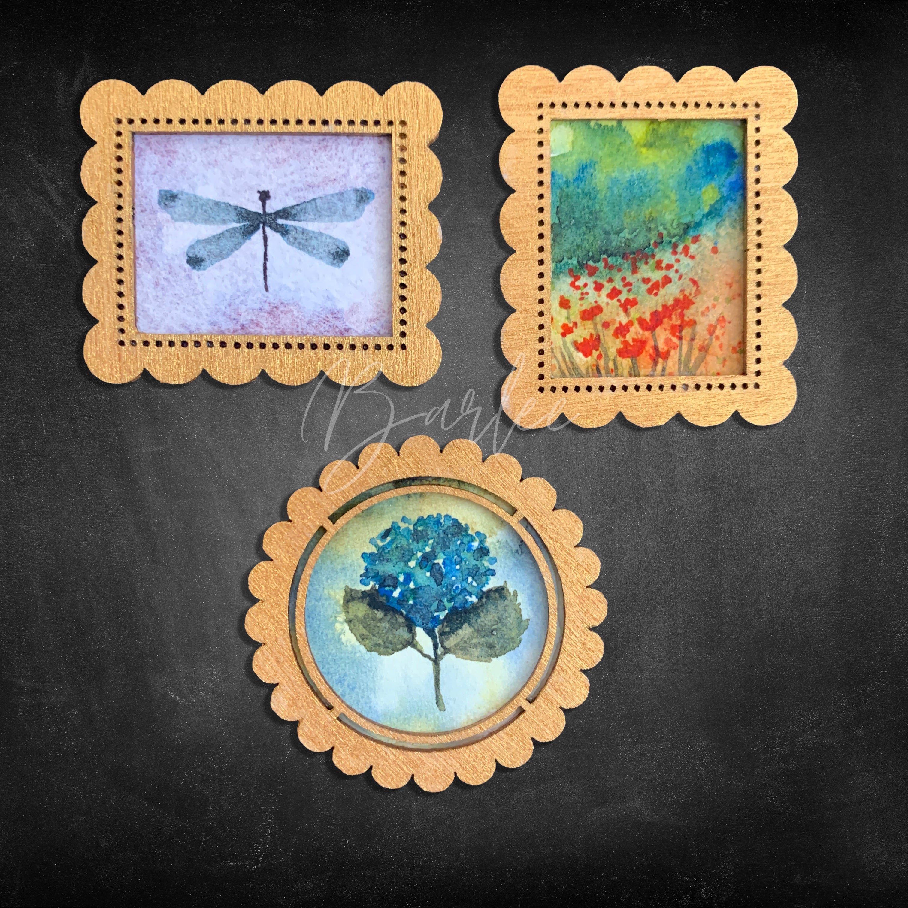 Hand Painted Fridge Magnet Set - 3 Framed Mini Paintings