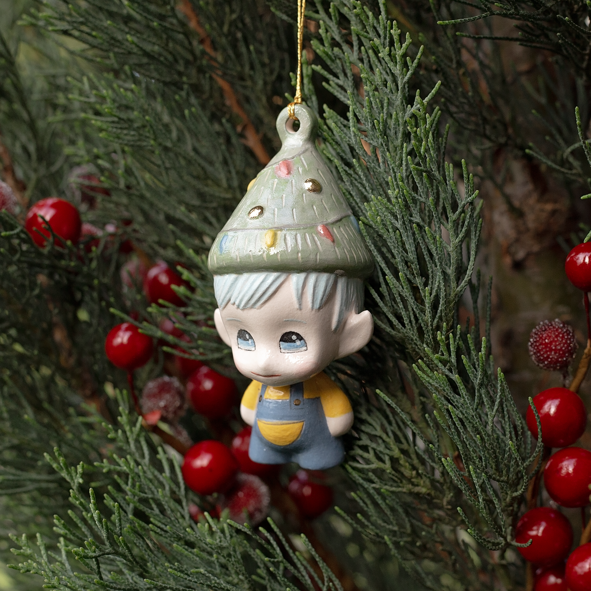 Handmade Porcelain Christmas ornament. One-of-a-kind. Jolli, the Christmas Cheer Elf.