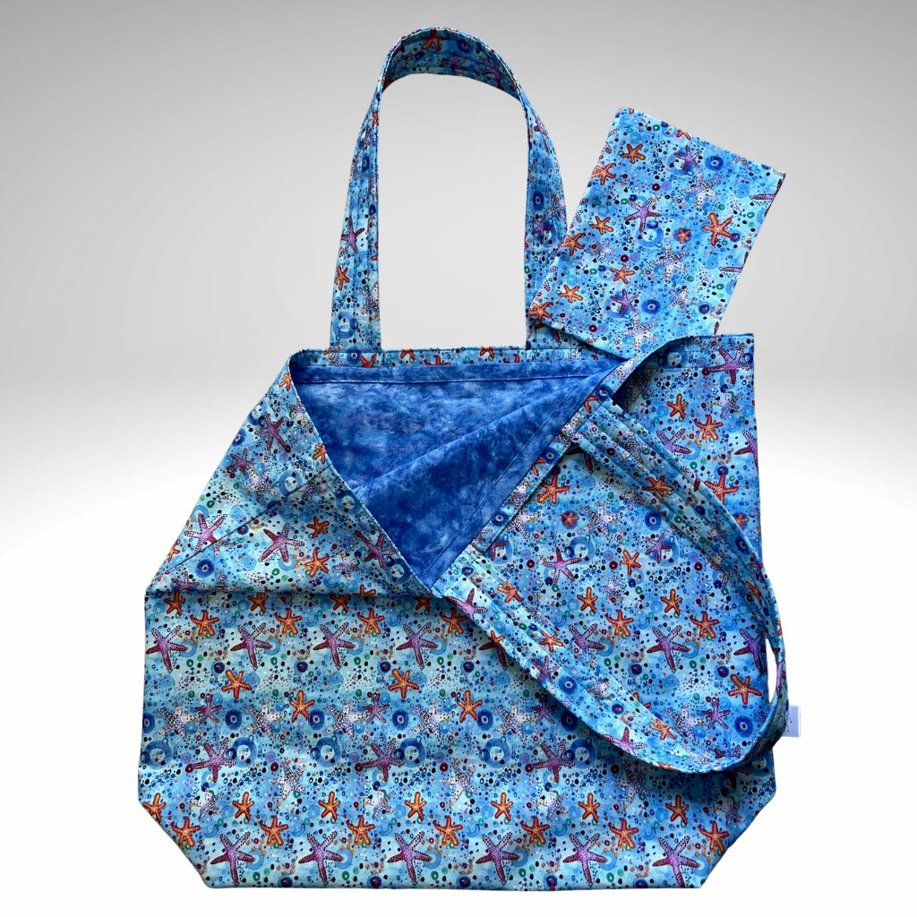 Grocery Tote .. Starfish .. Lined with storage pouch