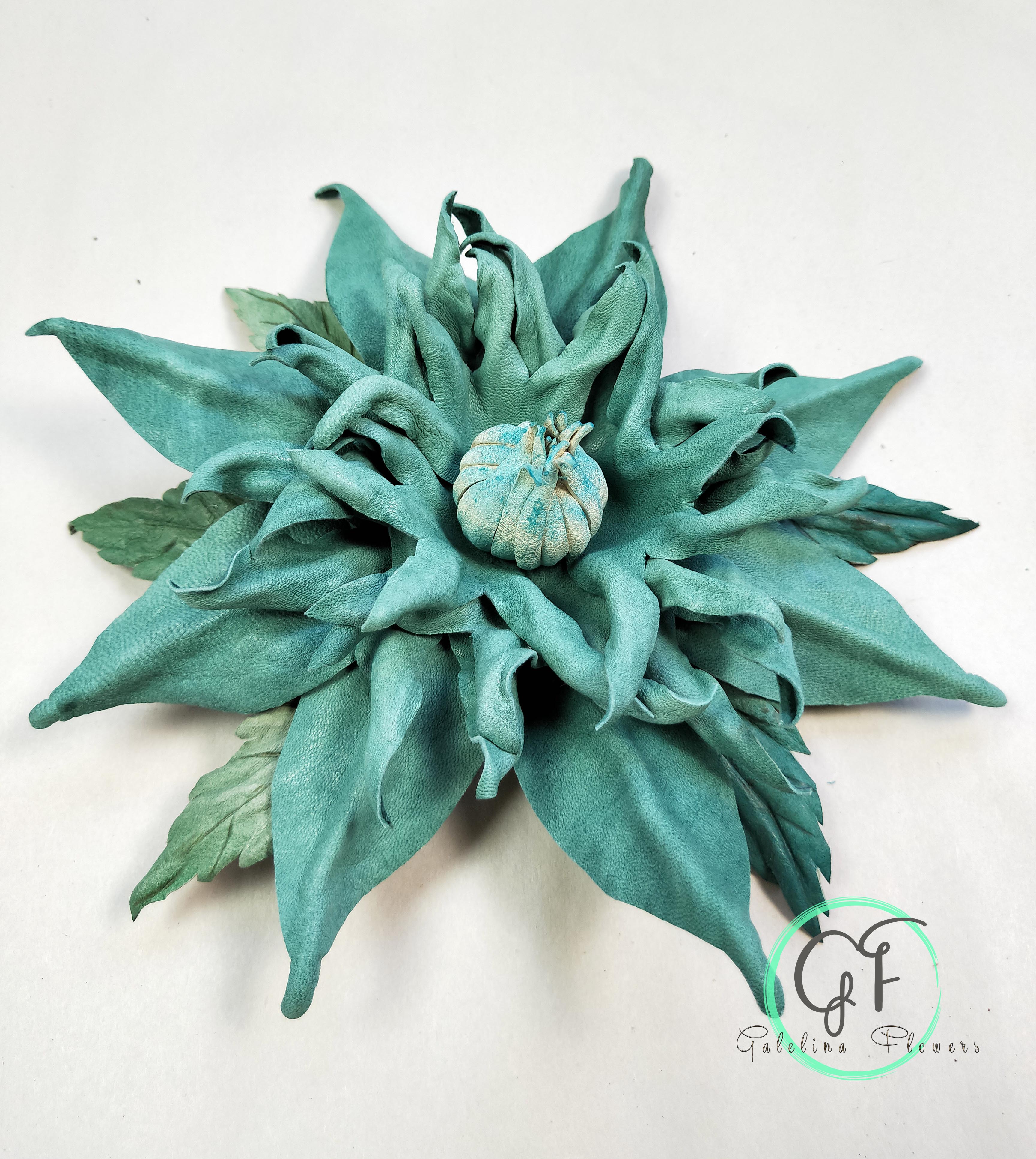 LEATHER TURQUOISE CLEMATIS pin brooch hair hat clip fascinator.