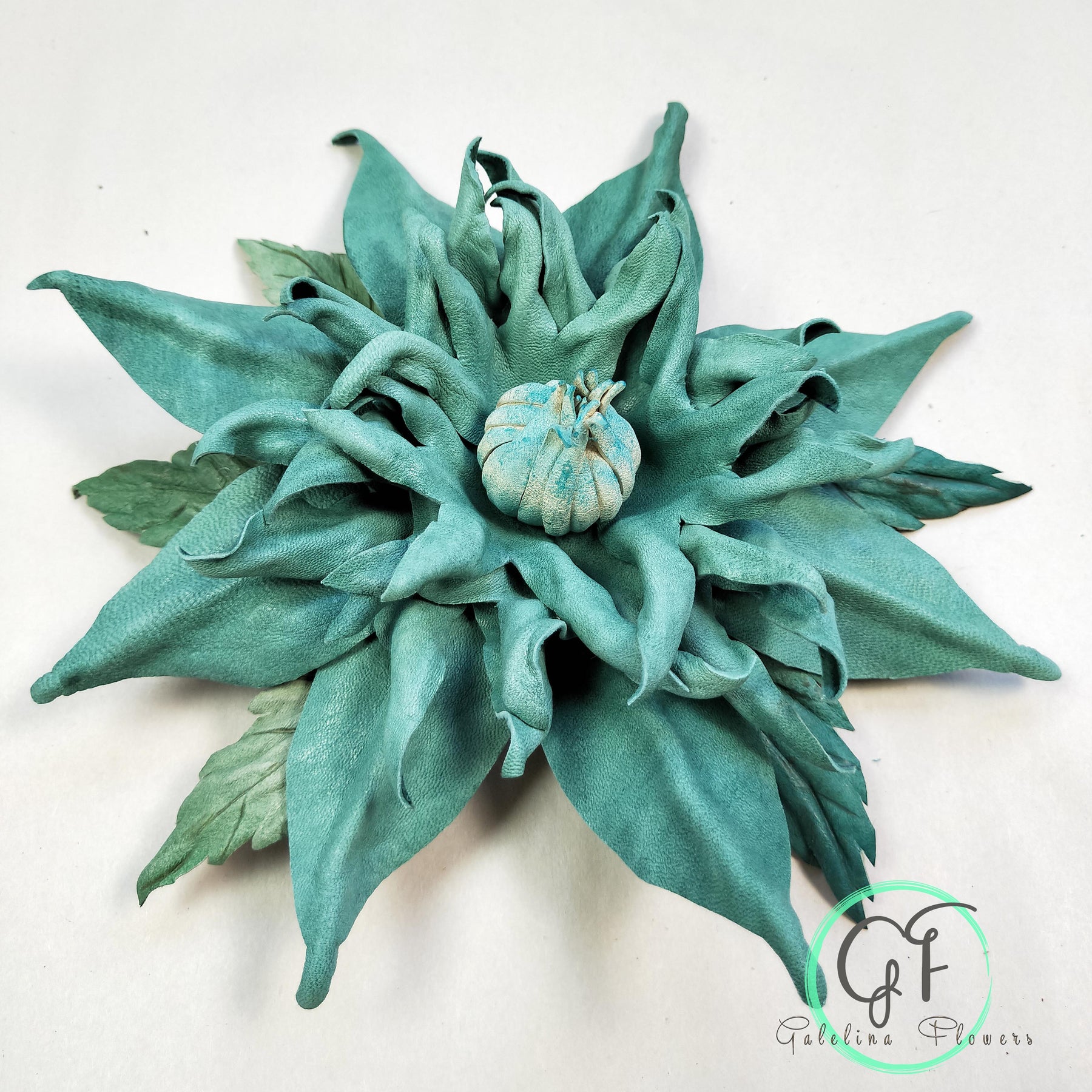 LEATHER TURQUOISE CLEMATIS “Sea Whisper” pin flower brooch hair hat clip fascinator.