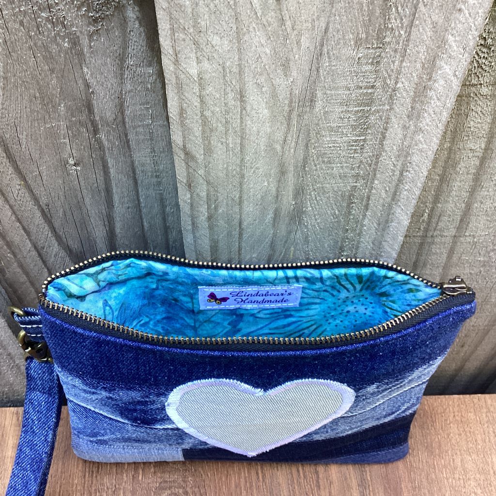 Upcycled Denim Wristlet Purse - Blue Heart