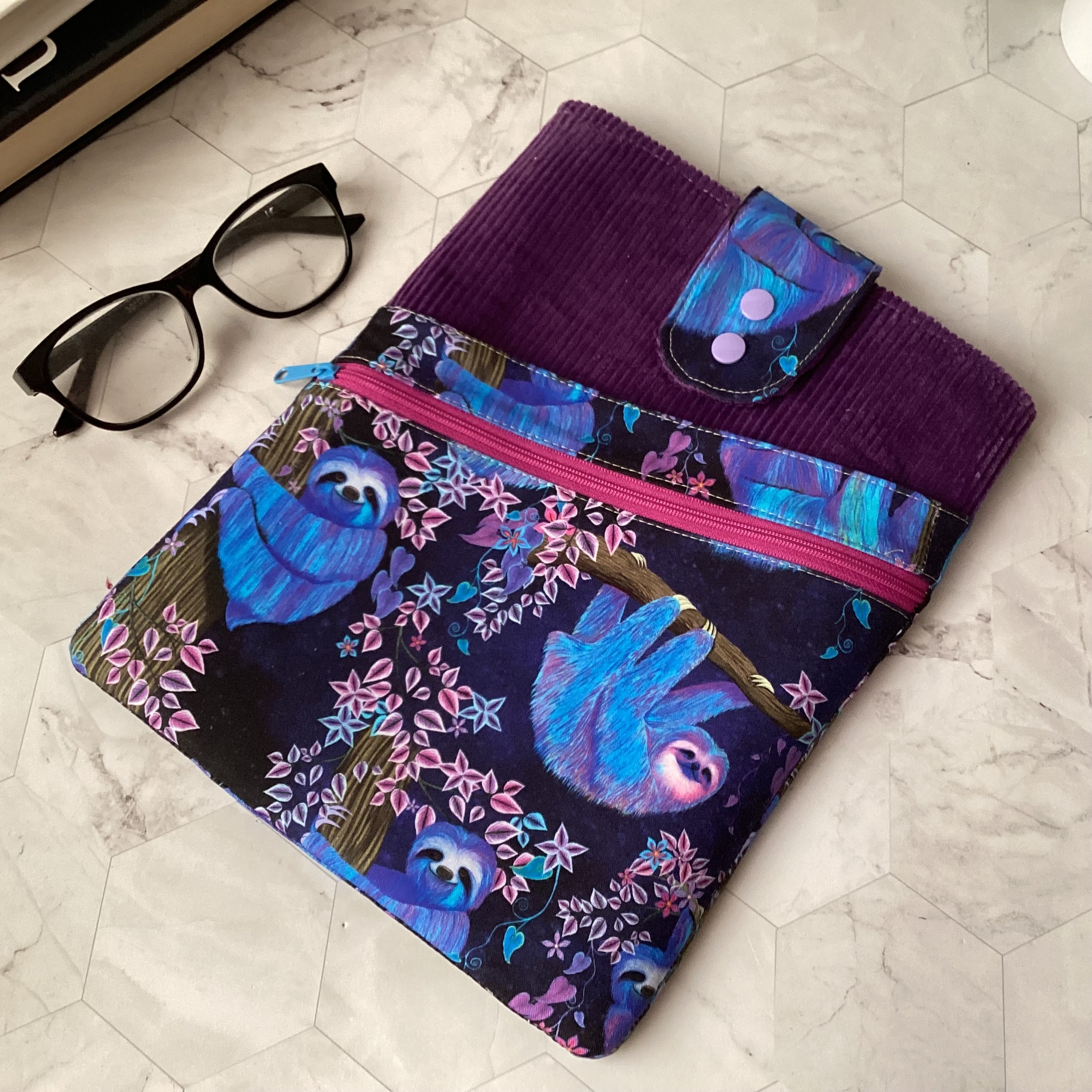 Moonlight Sloths fabric book sleeve with 2 pockets. iPad, tablet pouch