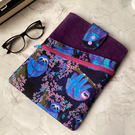 Moonlight Sloths fabric book sleeve with 2 pockets. iPad, tablet pouch