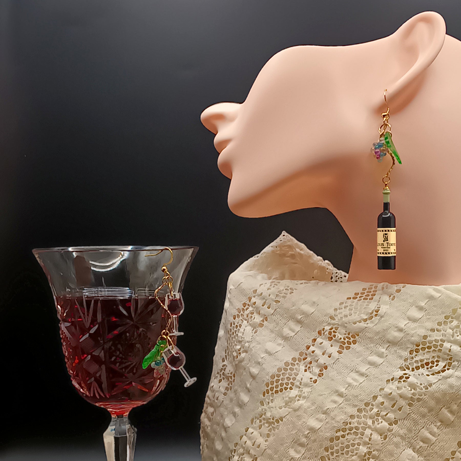 Wine bottle & Glass with Grapes earrings