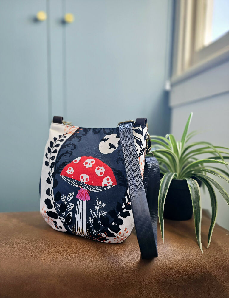 Mushroom crossbody bag. Whimsical. Waxed canvas bag.