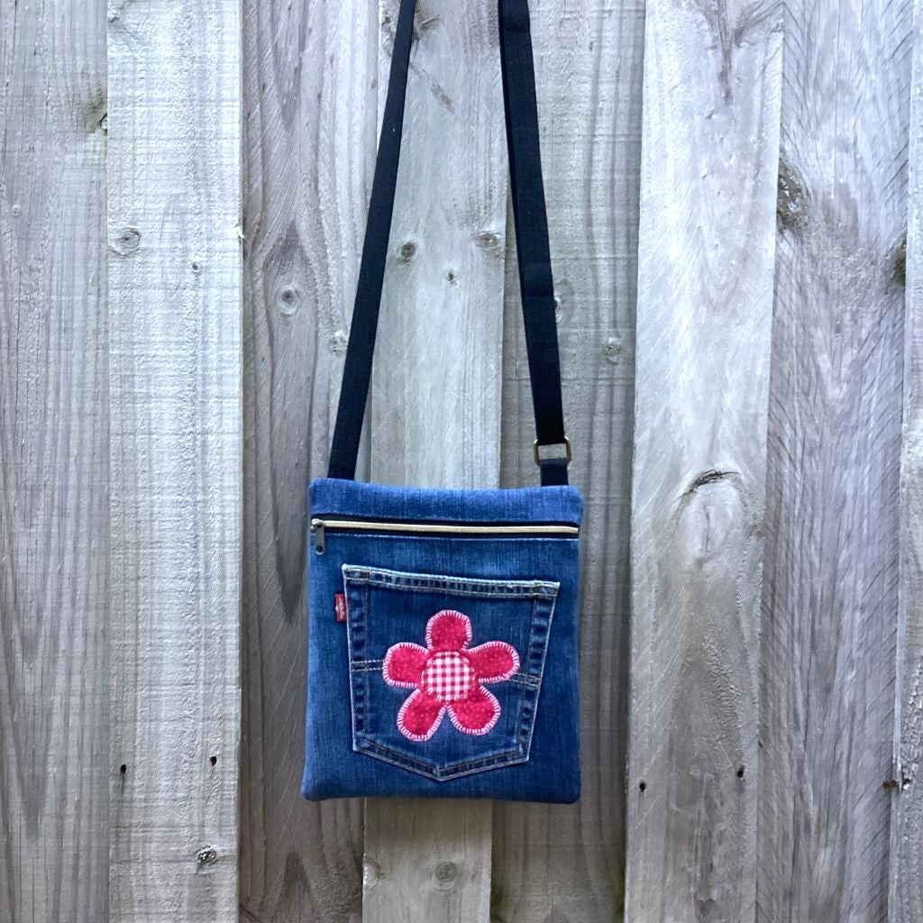 Upcycled Denim Crossbody Bag - Red Flower