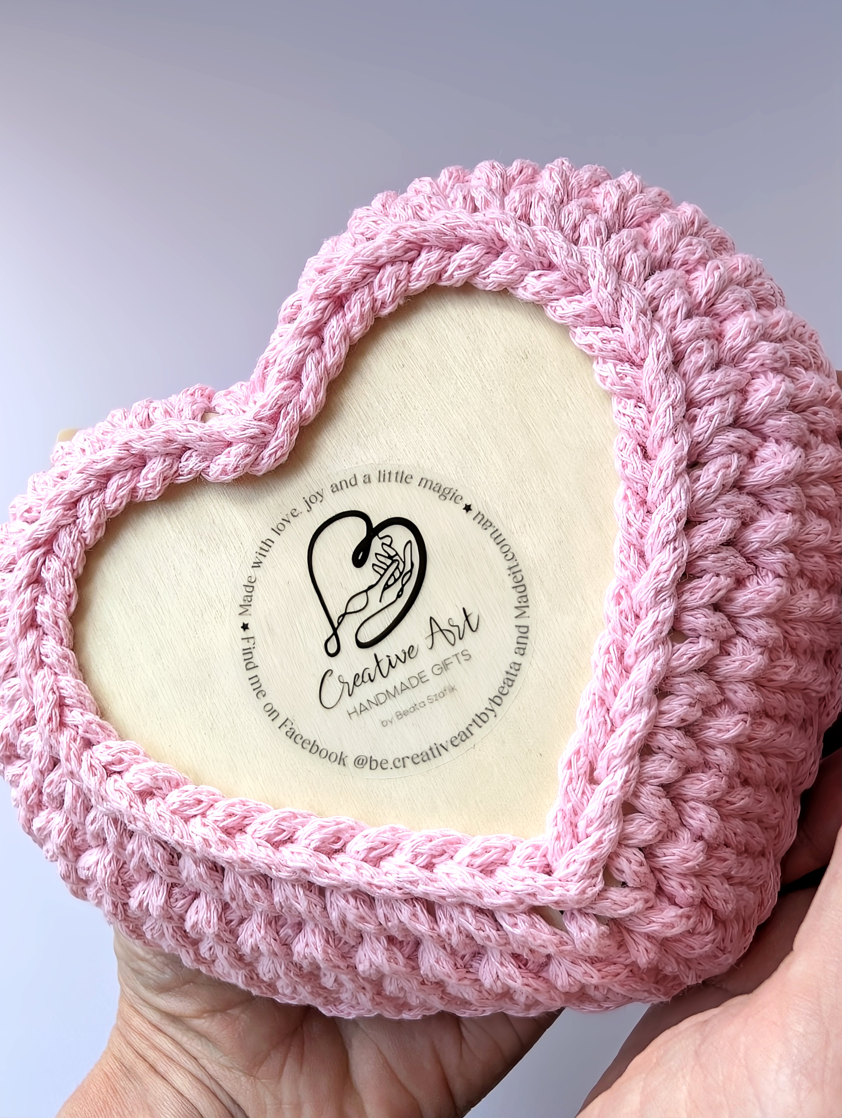Crochet Heart Trinket Basket with Wood Base
