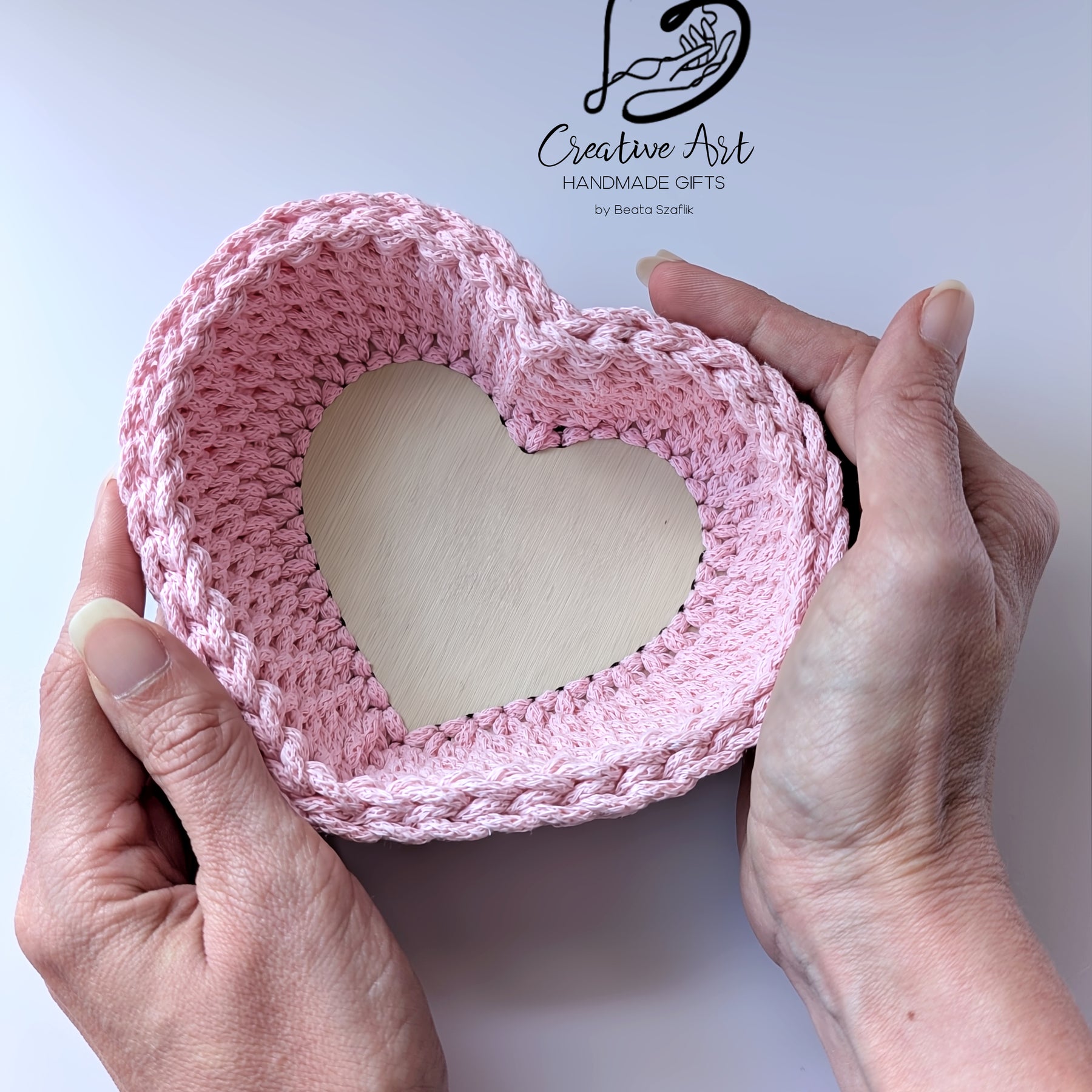Crochet Heart Trinket Basket with Wood Base