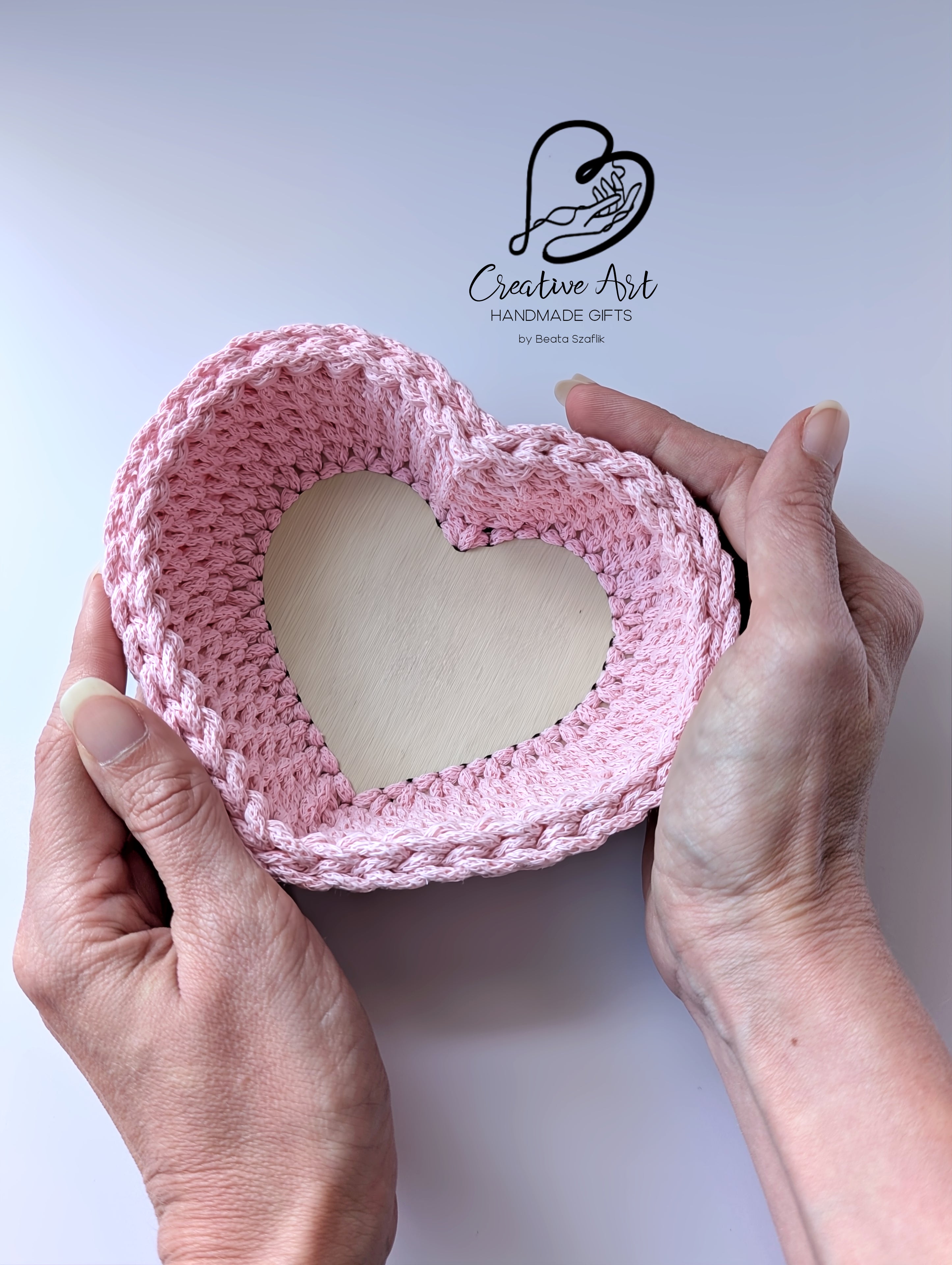 Crochet Heart Trinket Basket with Wood Base