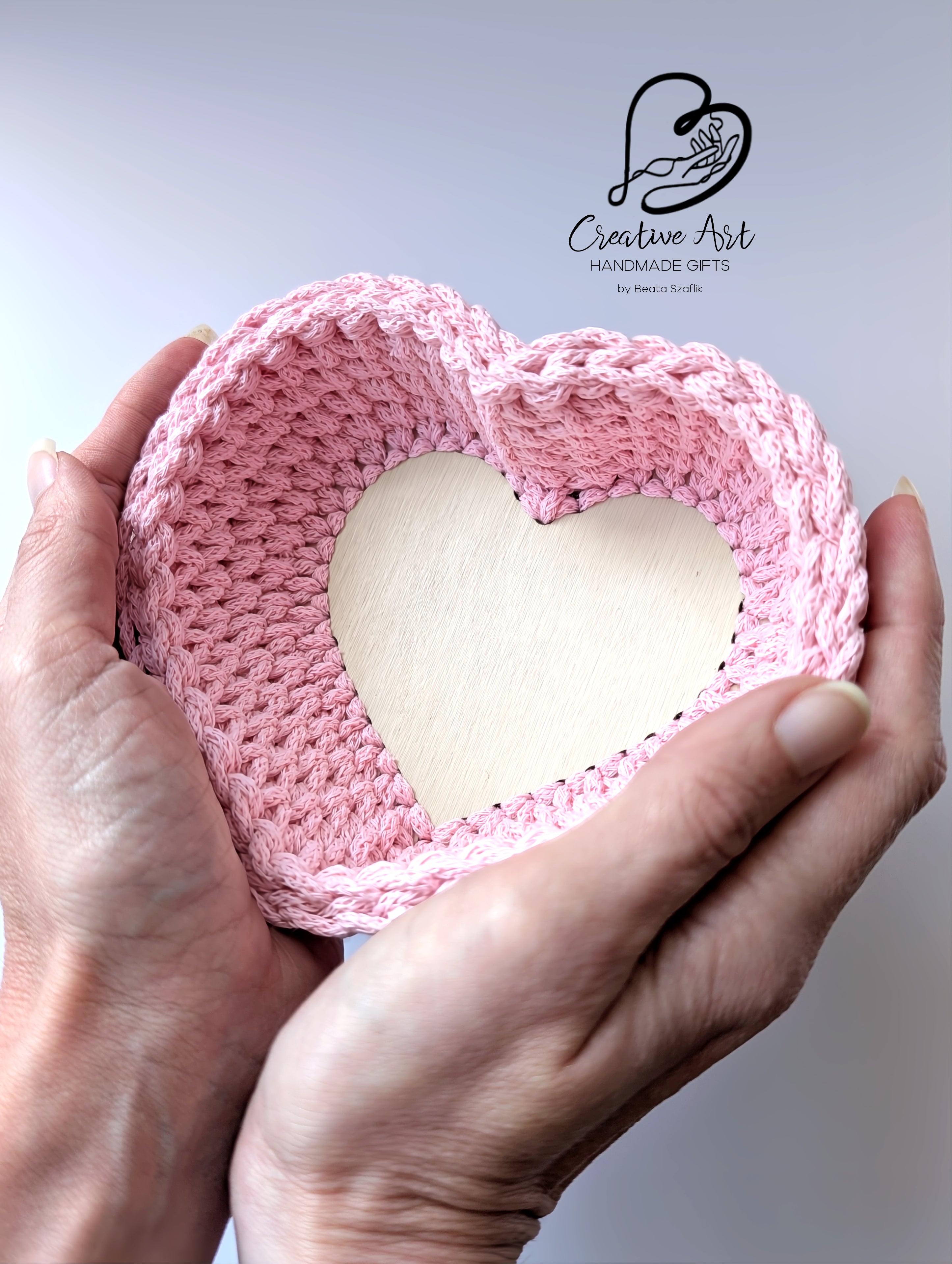 Crochet Heart Trinket Basket with Wood Base