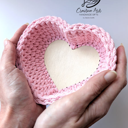 Crochet Heart Trinket Basket with Wood Base