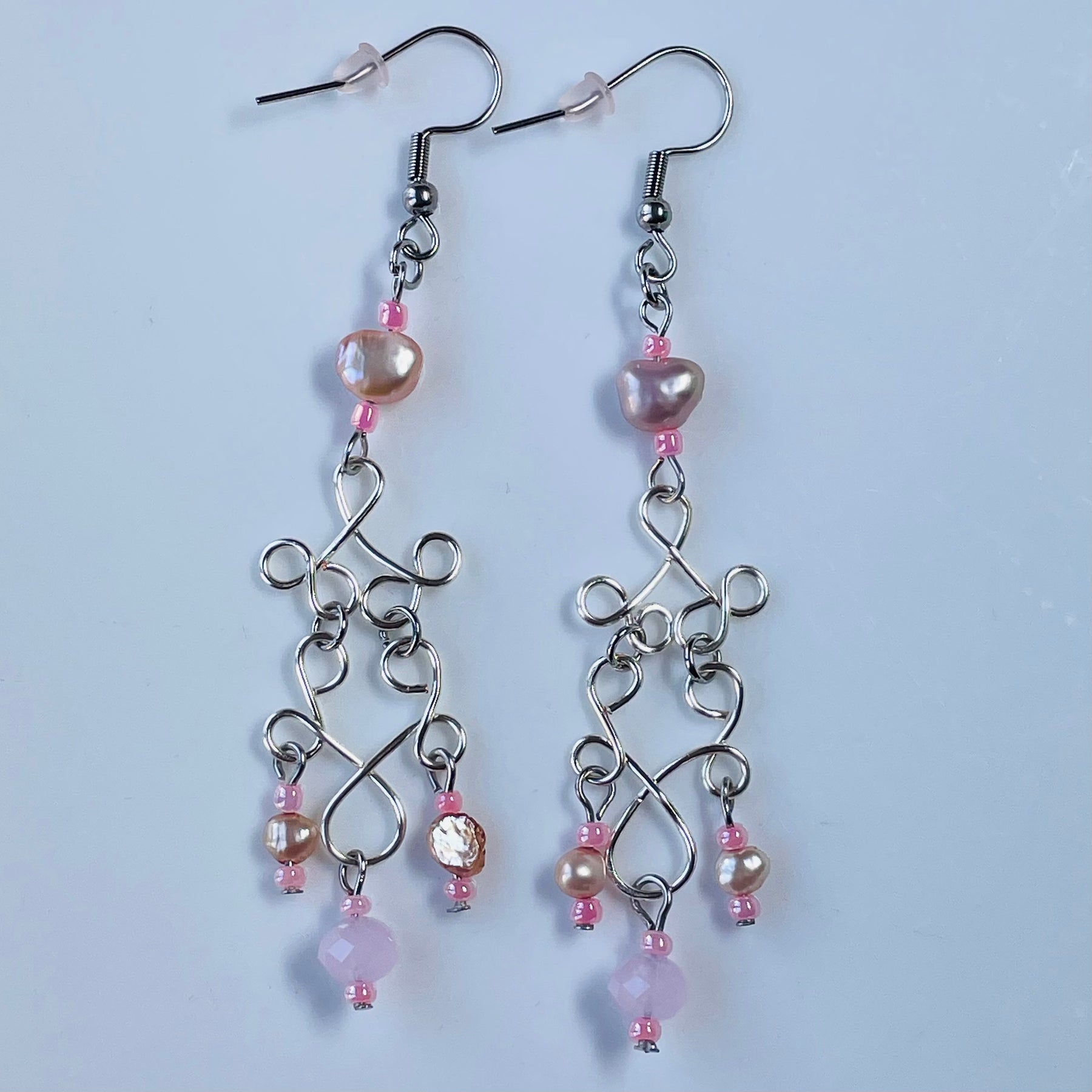 Dangling Silver coloured Wire and Pink Freshwater Pearl Earrings