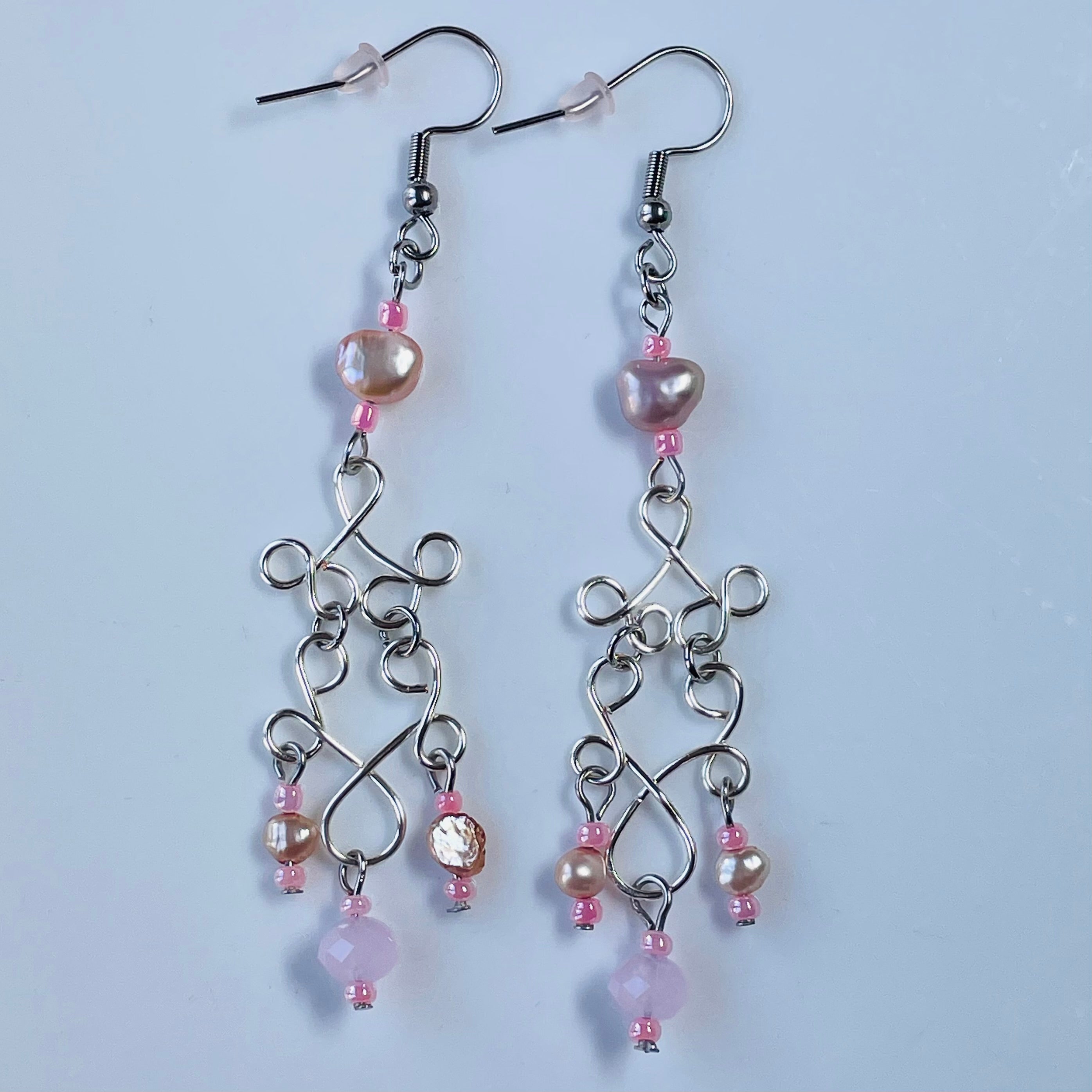 Dangling Silver coloured Wire and Pink Freshwater Pearl Earrings
