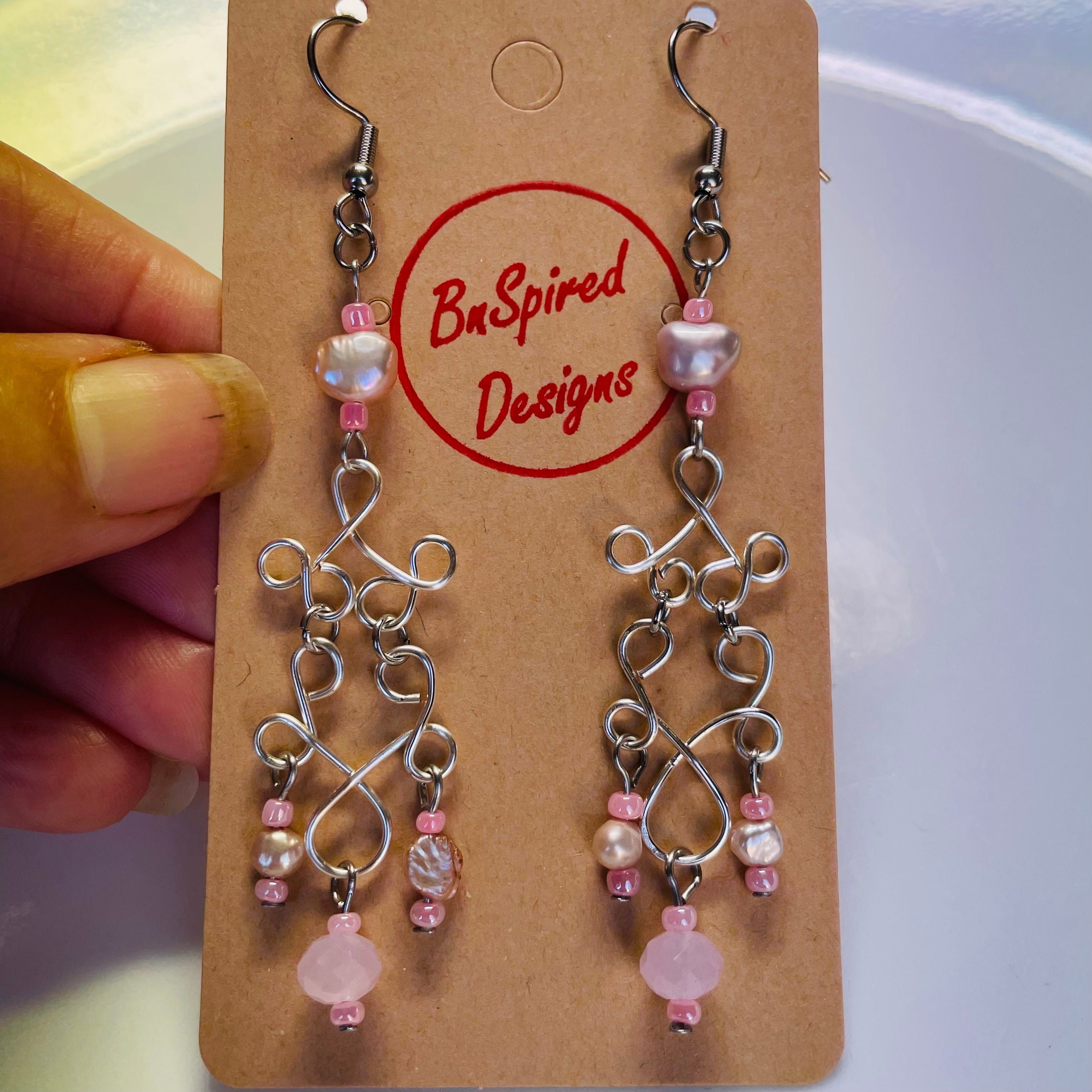 Dangling Silver coloured Wire and Pink Freshwater Pearl Earrings