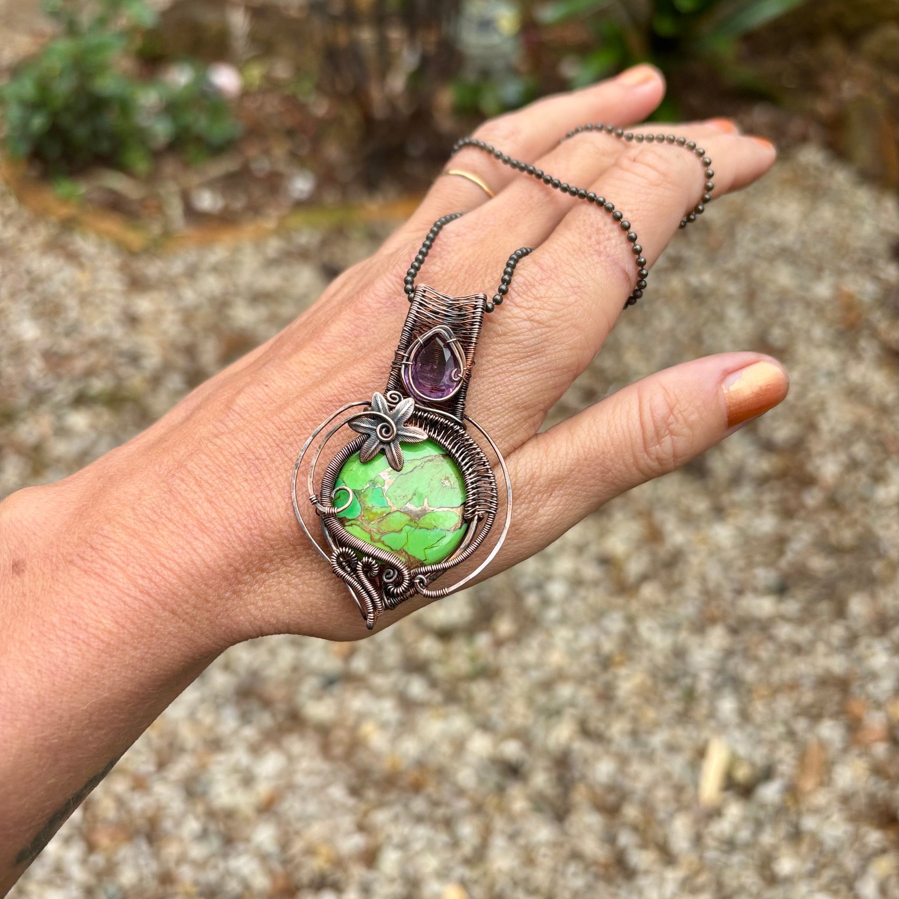 Mojave Turquoise/Amethyst copper crystal pendant