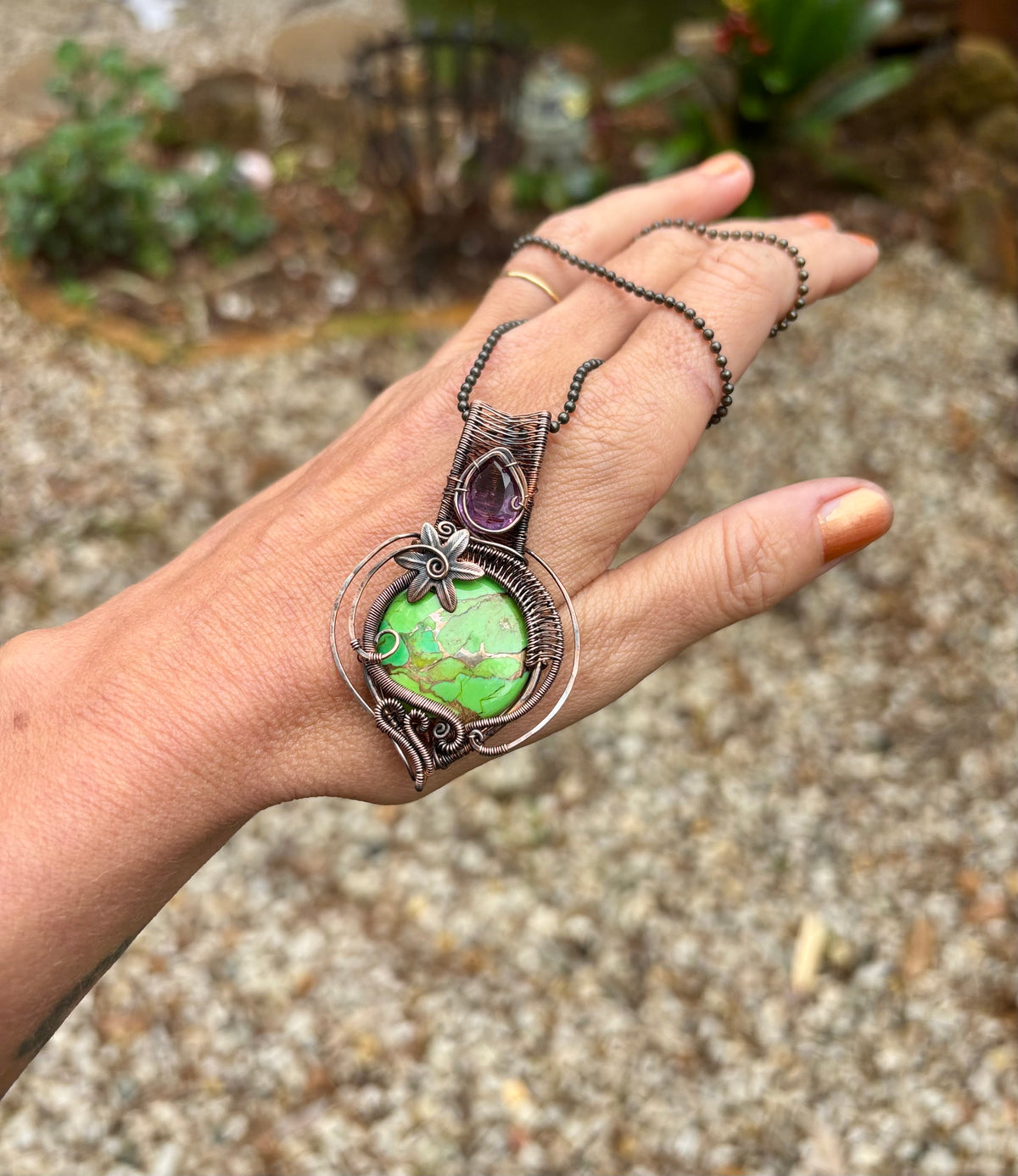Mojave Turquoise/Amethyst copper crystal pendant