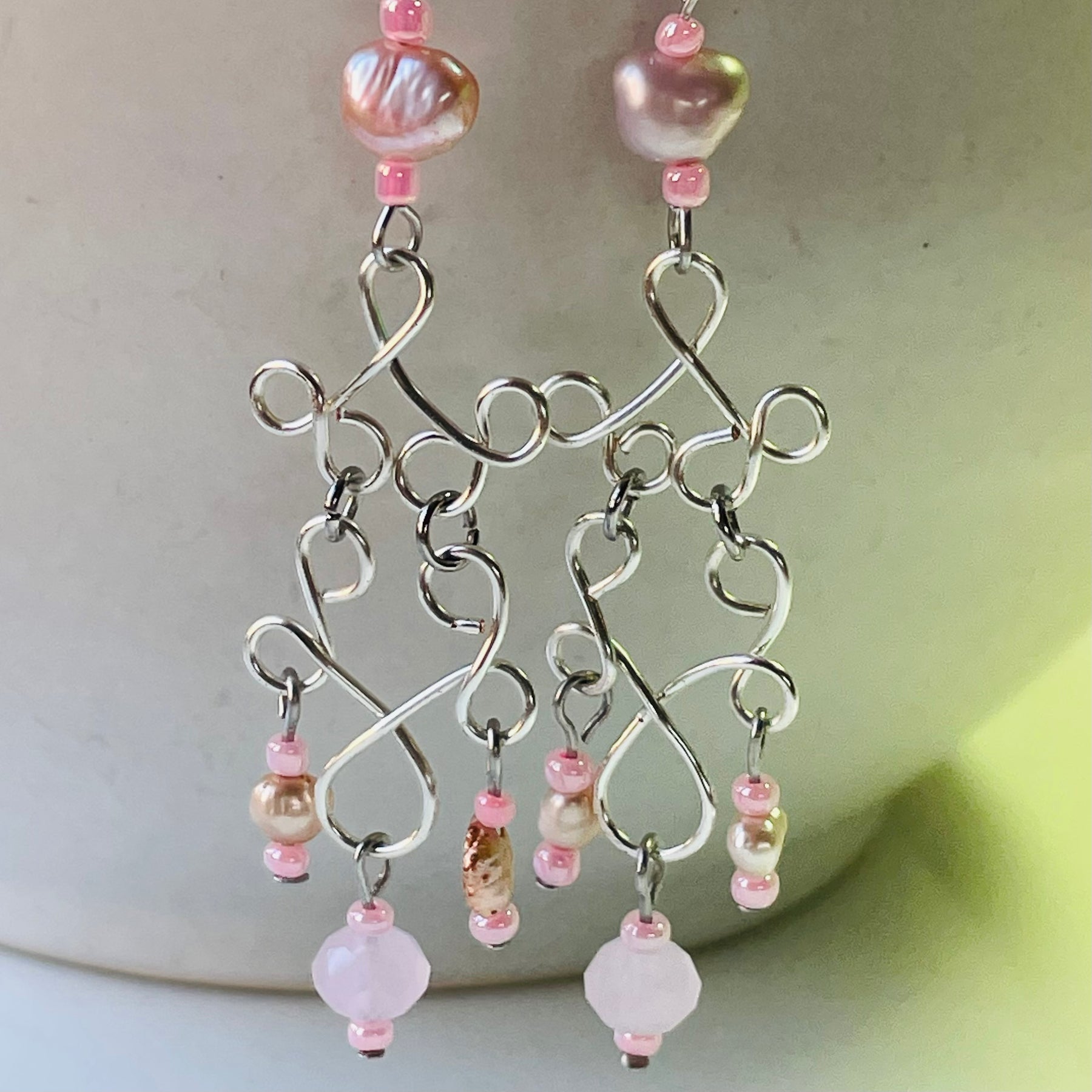 Dangling Silver coloured Wire and Pink Freshwater Pearl Earrings