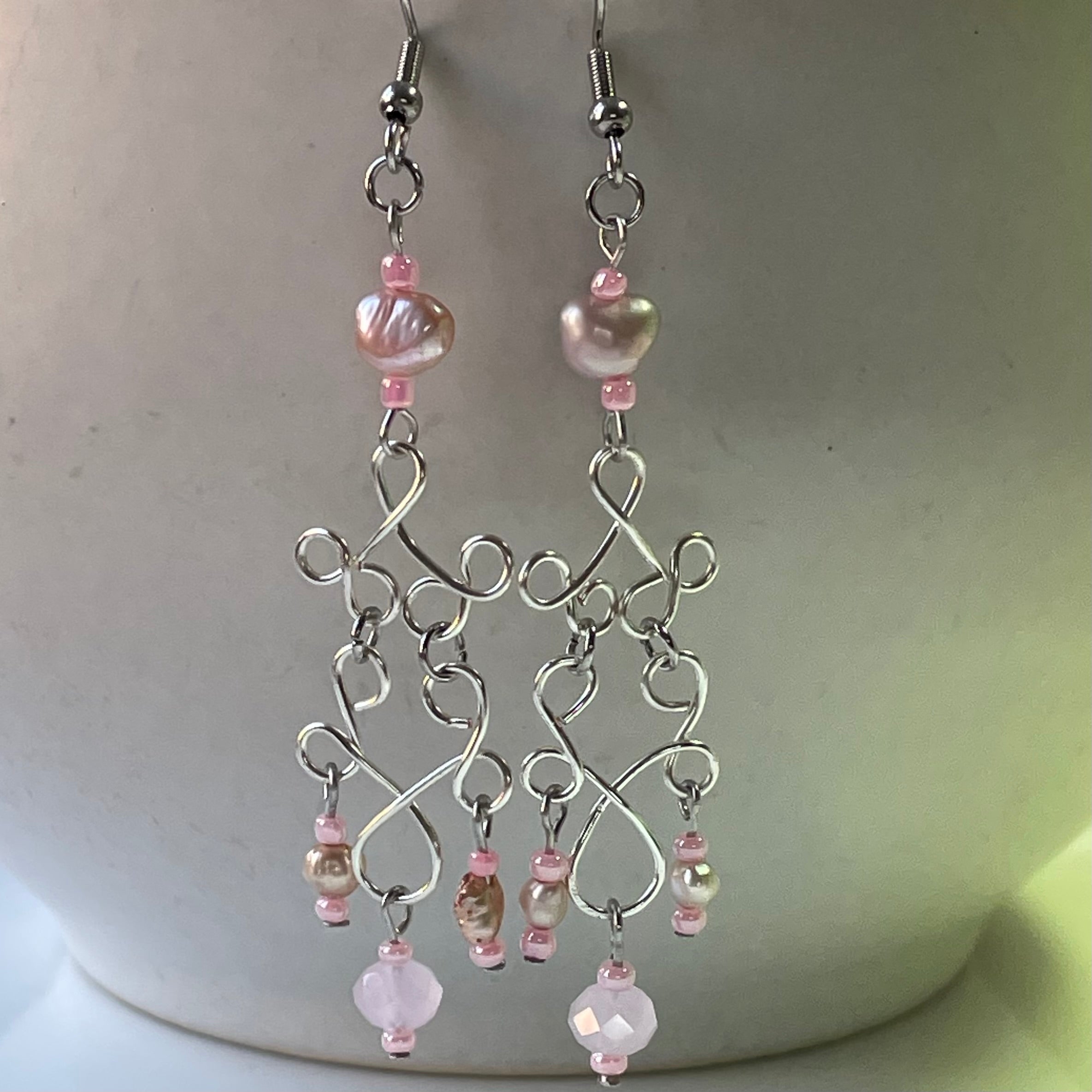 Dangling Silver coloured Wire and Pink Freshwater Pearl Earrings