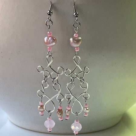 Dangling Silver coloured Wire and Pink Freshwater Pearl Earrings