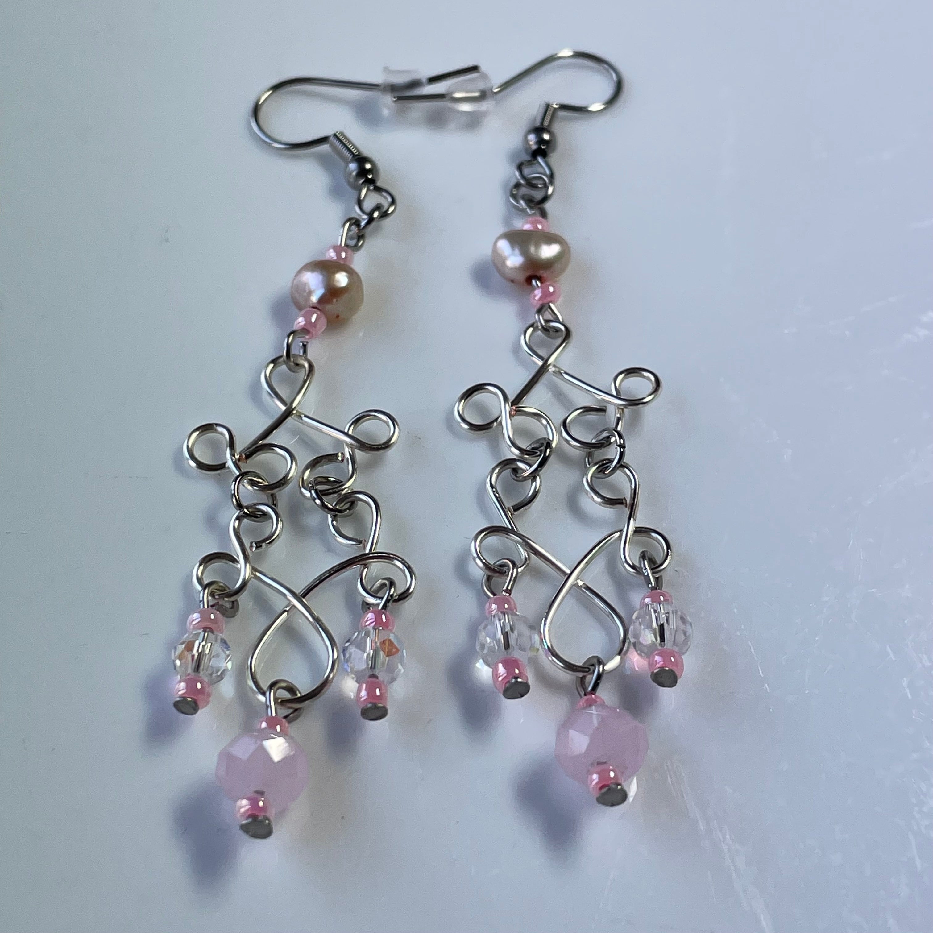 Dangling Silver coloured Wire and Pink Freshwater Pearl Earrings