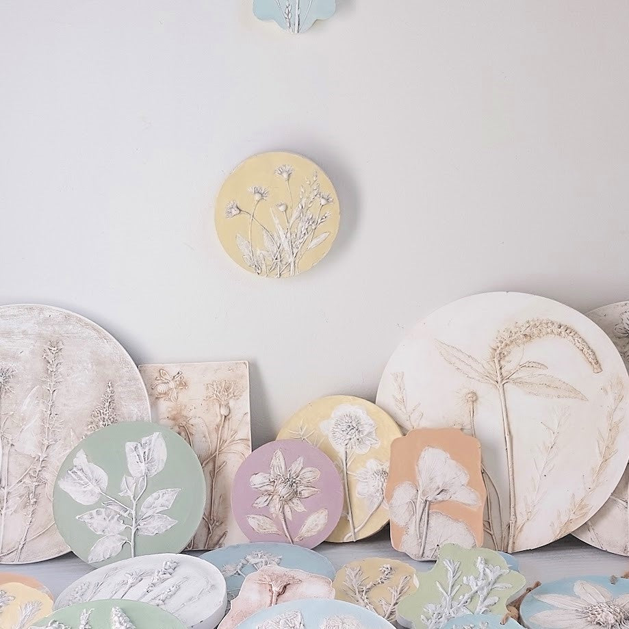 Hand-pressed botanical Wall Art | Floral Bas-Relief Plaster Plaque